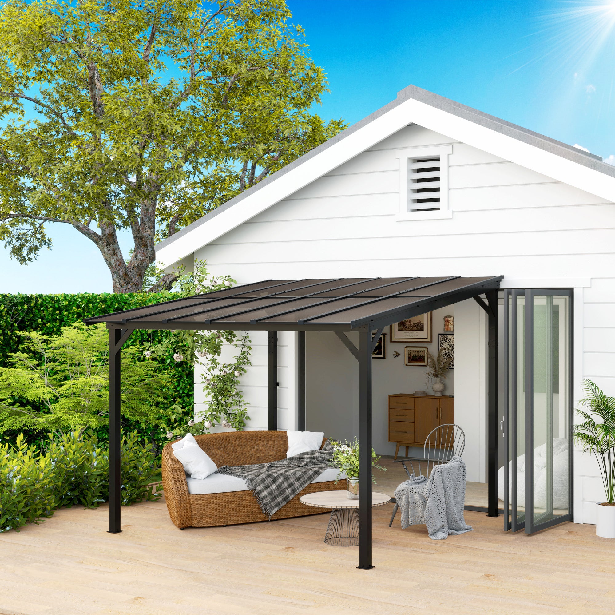 3 x 3m Metal Pergola with UPF 50+ Waterproof Polycarbonate Roof, Wall-Mounted or Free Standing Garden Gazebo - Dark Grey