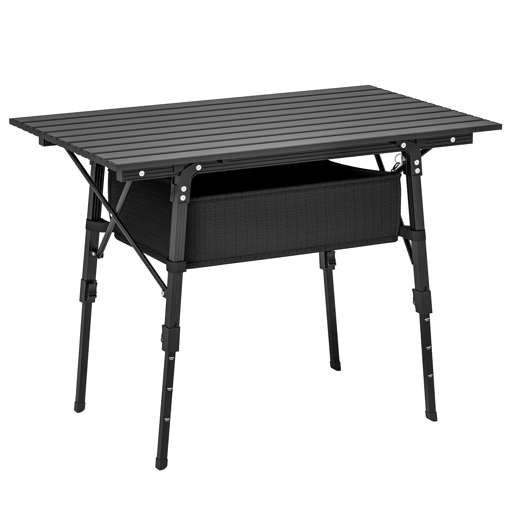Height Adjustable Folding Camping Table with Storage Basket - Black
