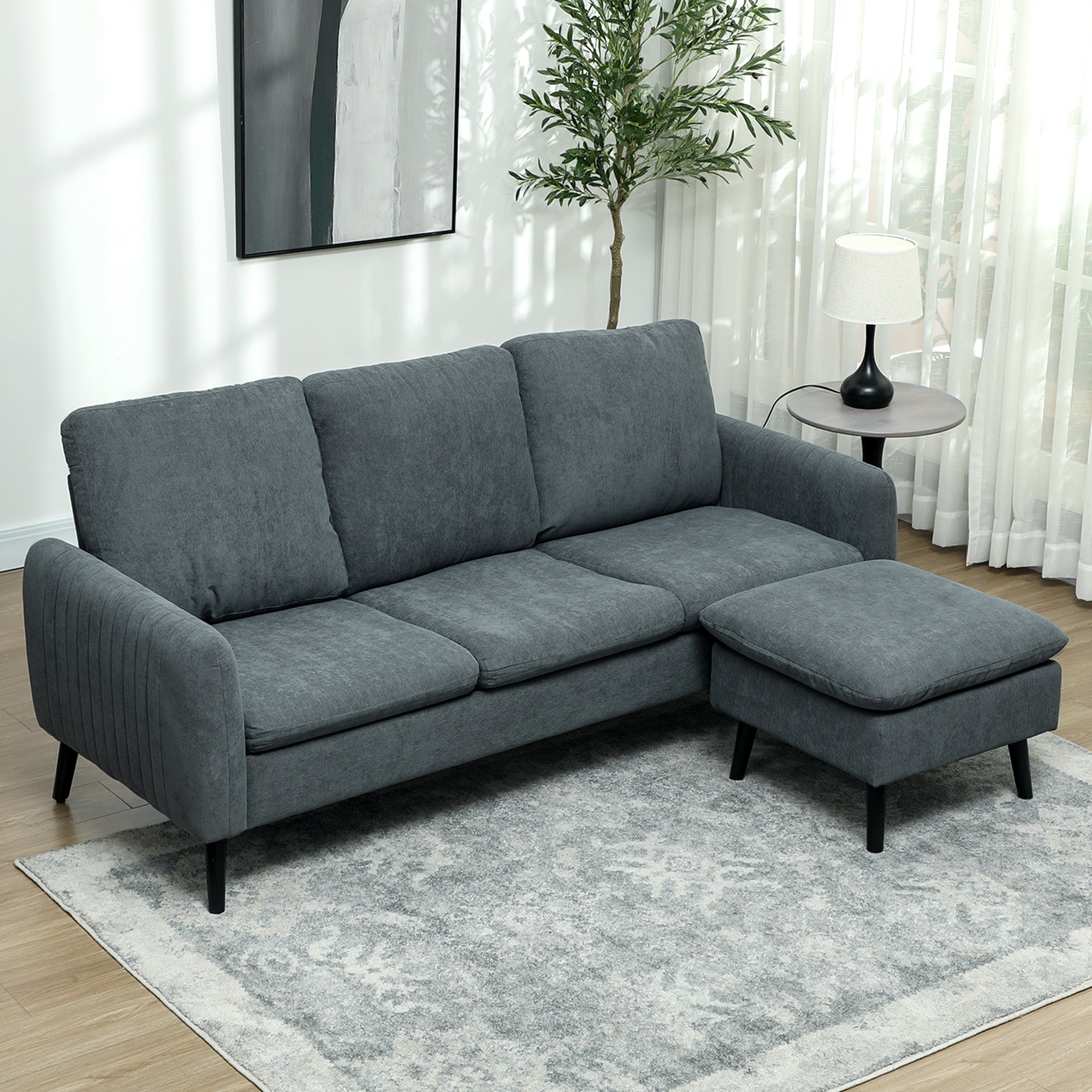 Corner Sofa with Reversible Chaise Lounge, Corduroy Fabric 3 Seater Sofa Settee for Living Room, L Shaped Couch with Scatter Back, Left/Right Hand, Charcoal Grey