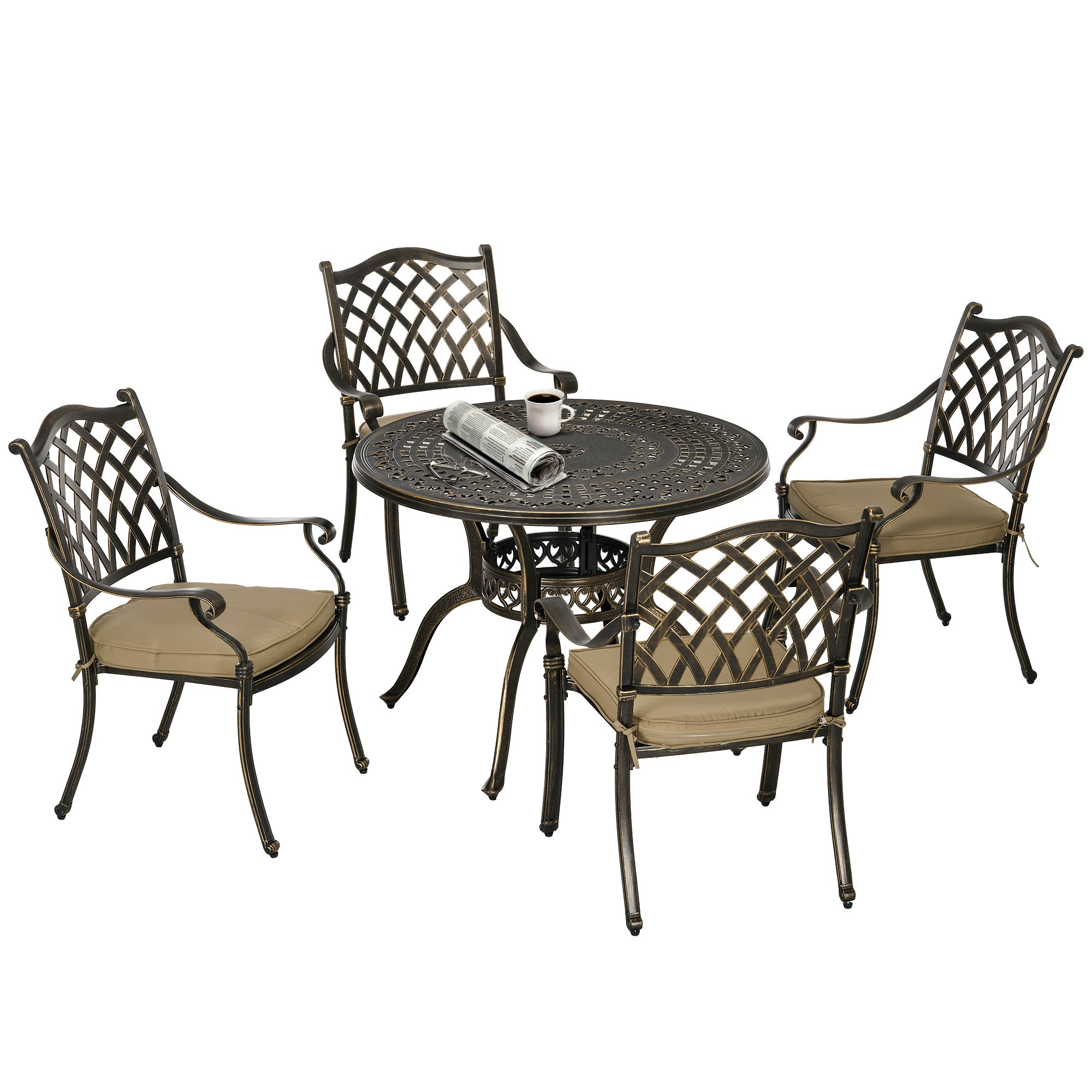 4 Seater Outdoor Cast Aluminium Dining Set with Cushions and Parasol Hole - Bronze