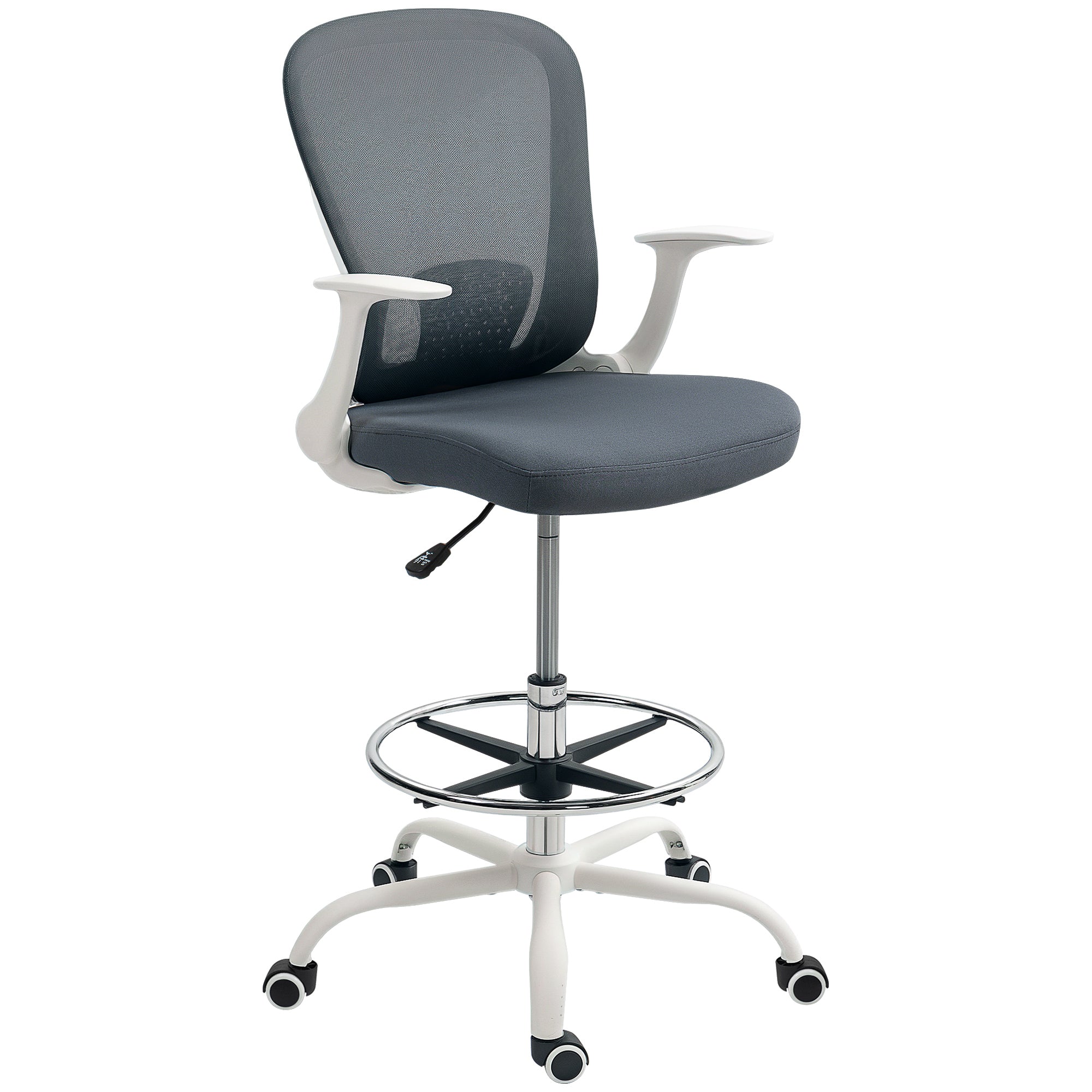Draughtsman Chair, Mesh Drafting Chair, Ergonomic Office Chair with Flip-up Armrest, Adjustable Foot Ring, Grey