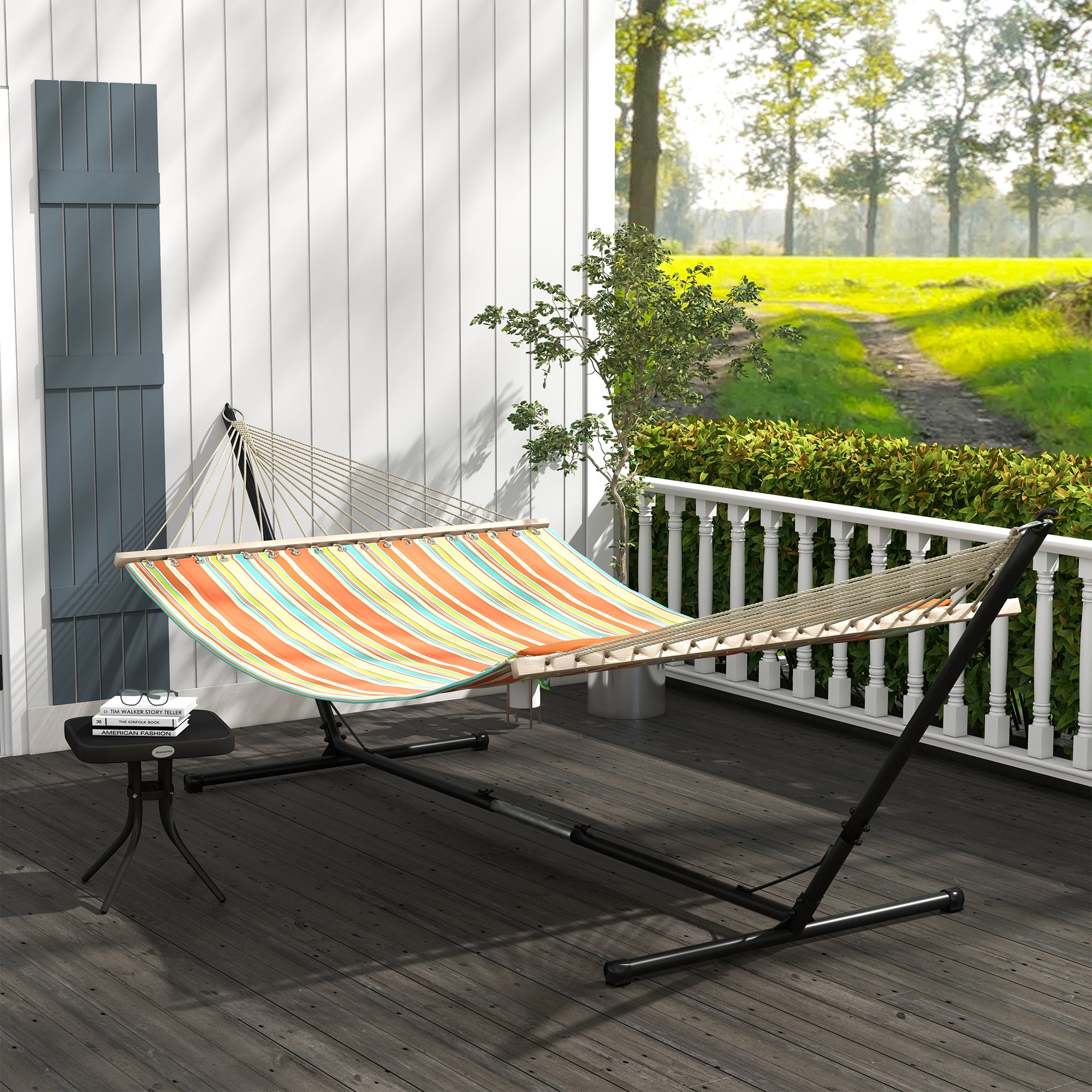 Outdoor Garden Hammock with Stand, Double Cotton Hammock with Adjustable Steel Frame, Swing Hanging Bed with Pillow, for Garden, Patio, Beach, Red Stripes