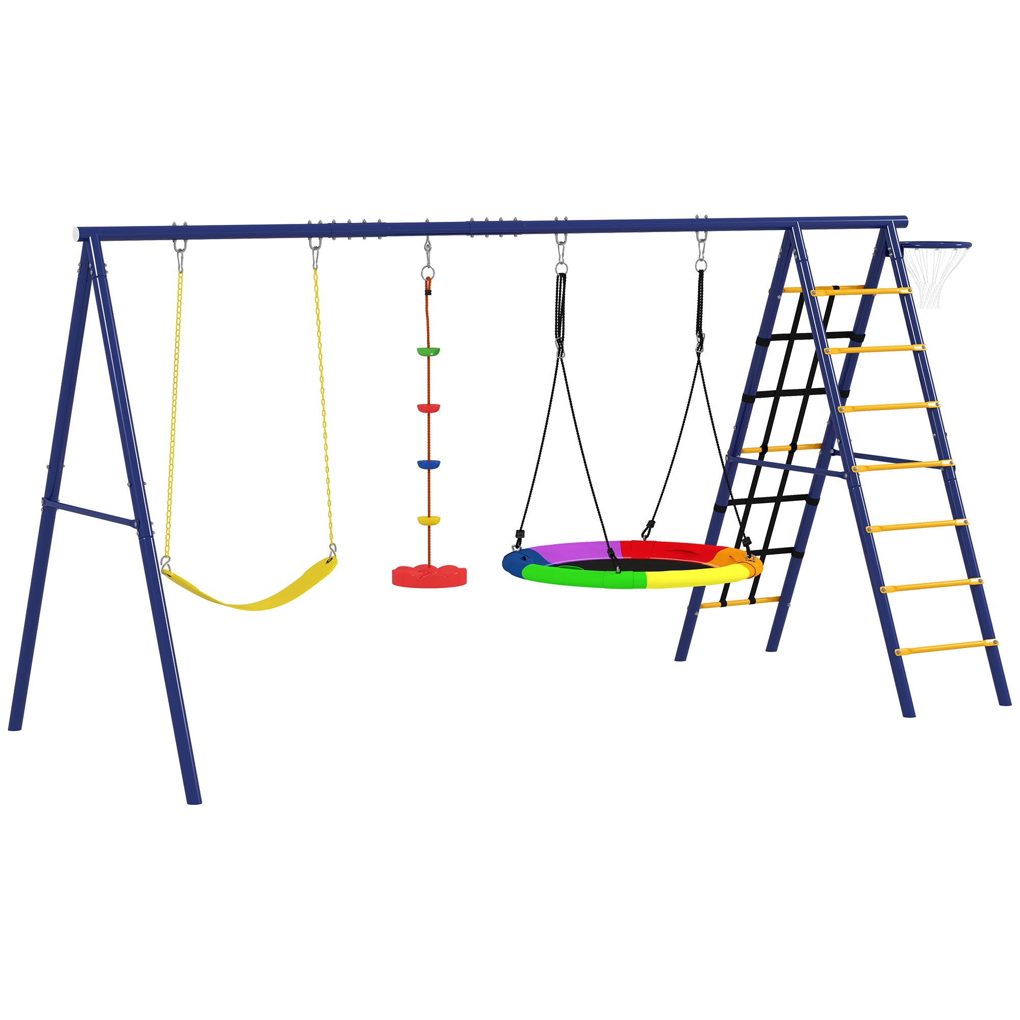6 in 1 Metal Kids Swing Set with 3 Swings, Climbing Ladder, Net & Basketball Hoop for Ages 3-8 - Multicolour