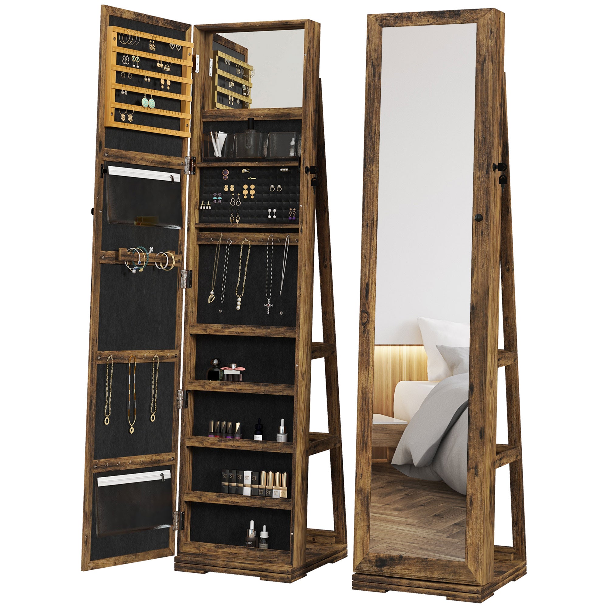 360° Swivel Lockable Jewellery Cabinet with Full-Length Mirror and Built-In Small Mirror - Rustic Brown