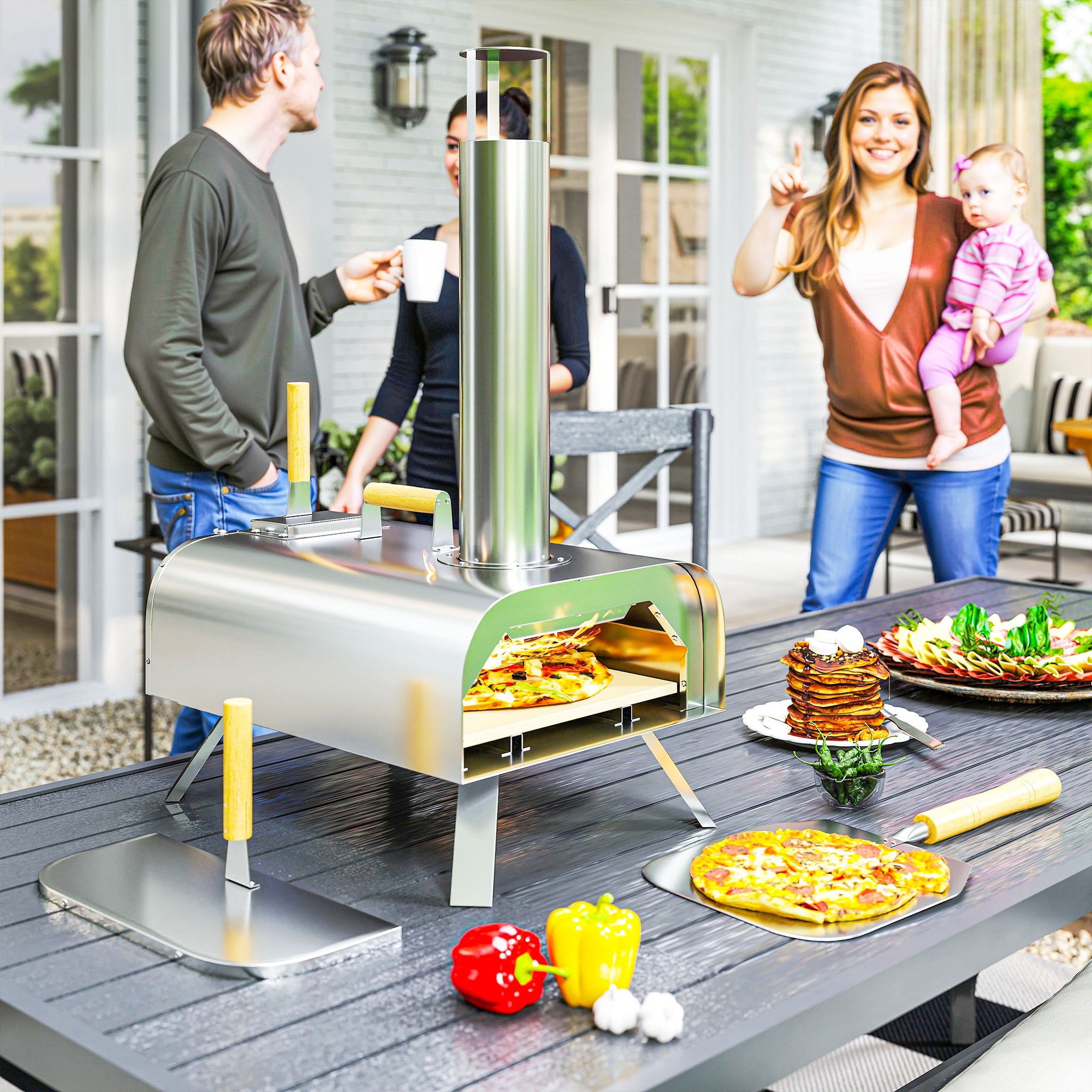 12 Inch Portable Wood Fired Pizza Oven with Foldable Legs and Stainless Steel Body - Silver Tone