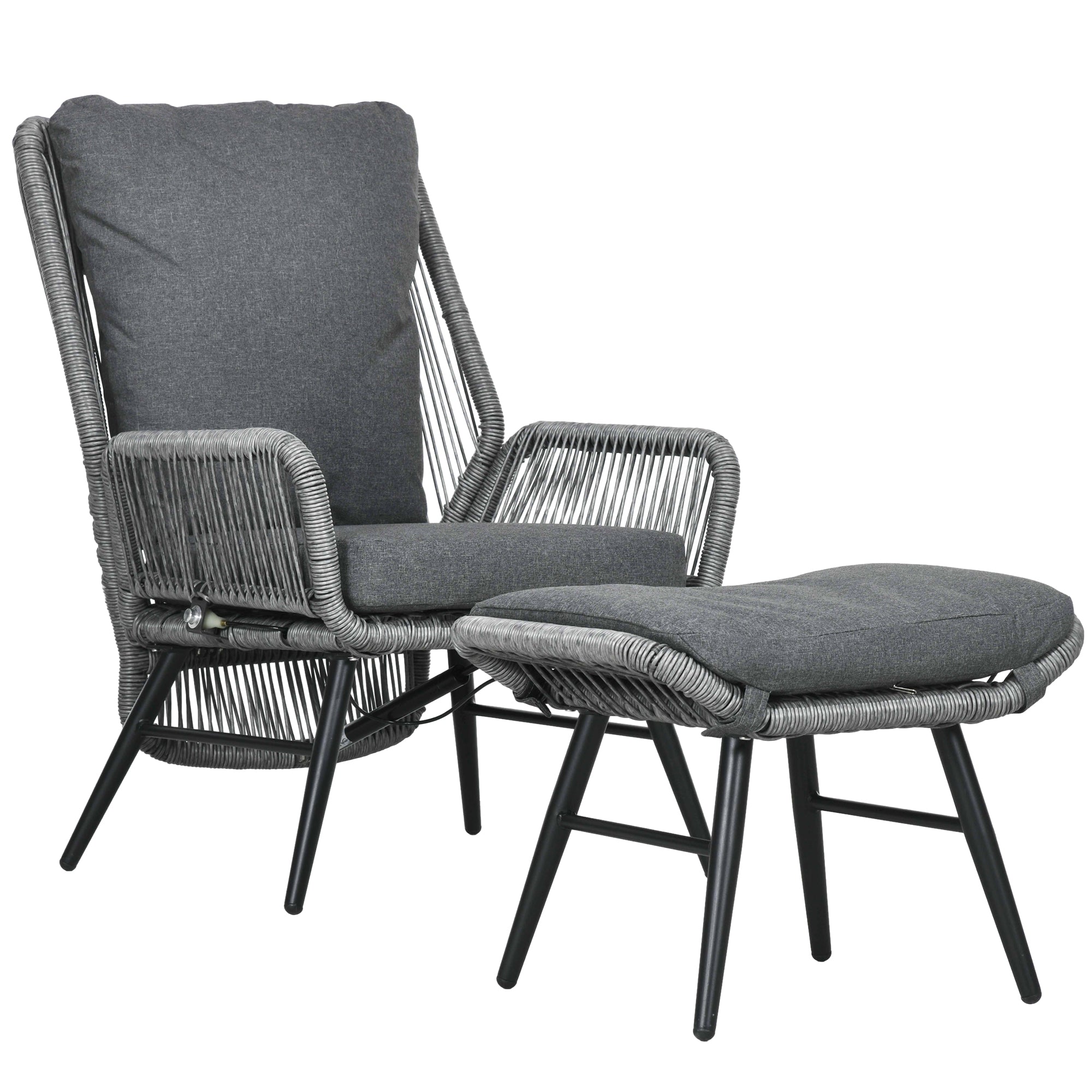 String Rattan Armchair and Footstool Set with Cushions - Grey