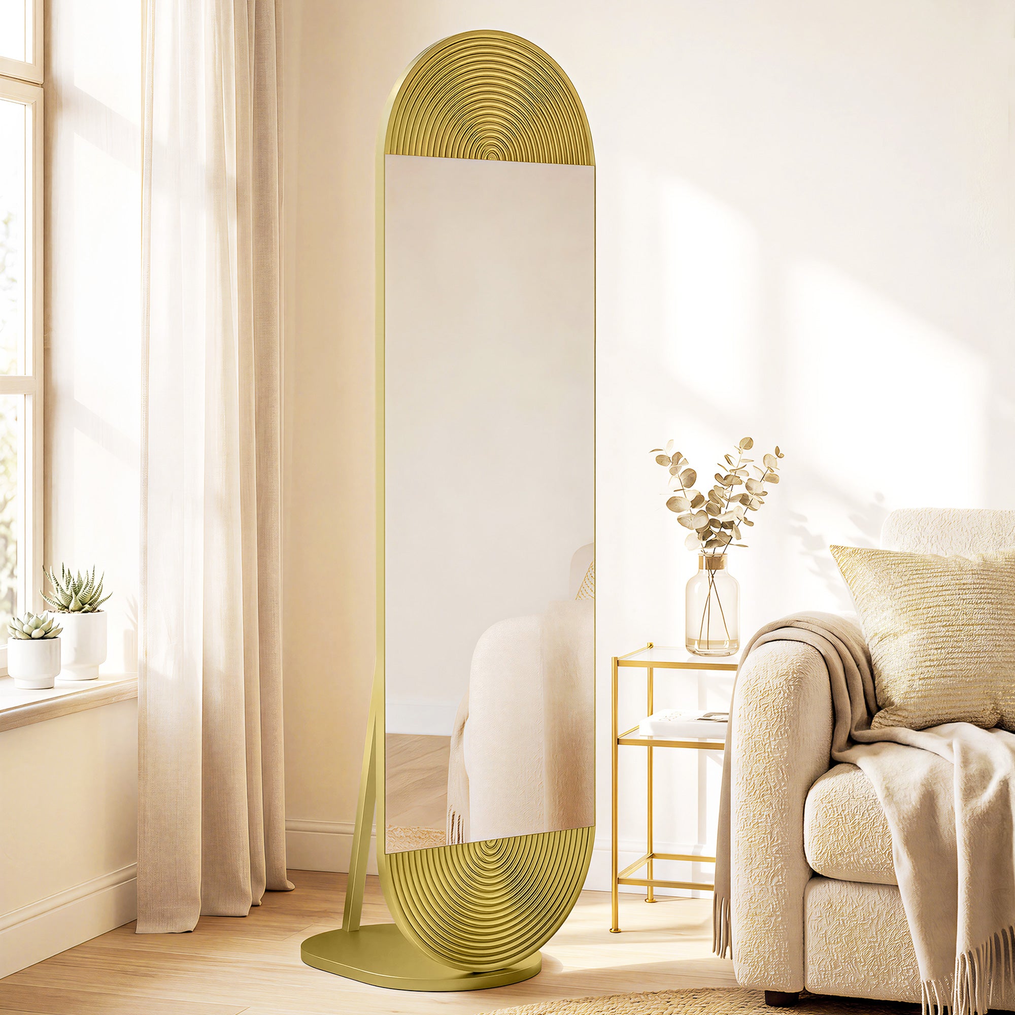 50 x 161 cm Wavy Full Length Mirror, Free Standing Mirror with Metal Frame and Solid Base, Gold Tone