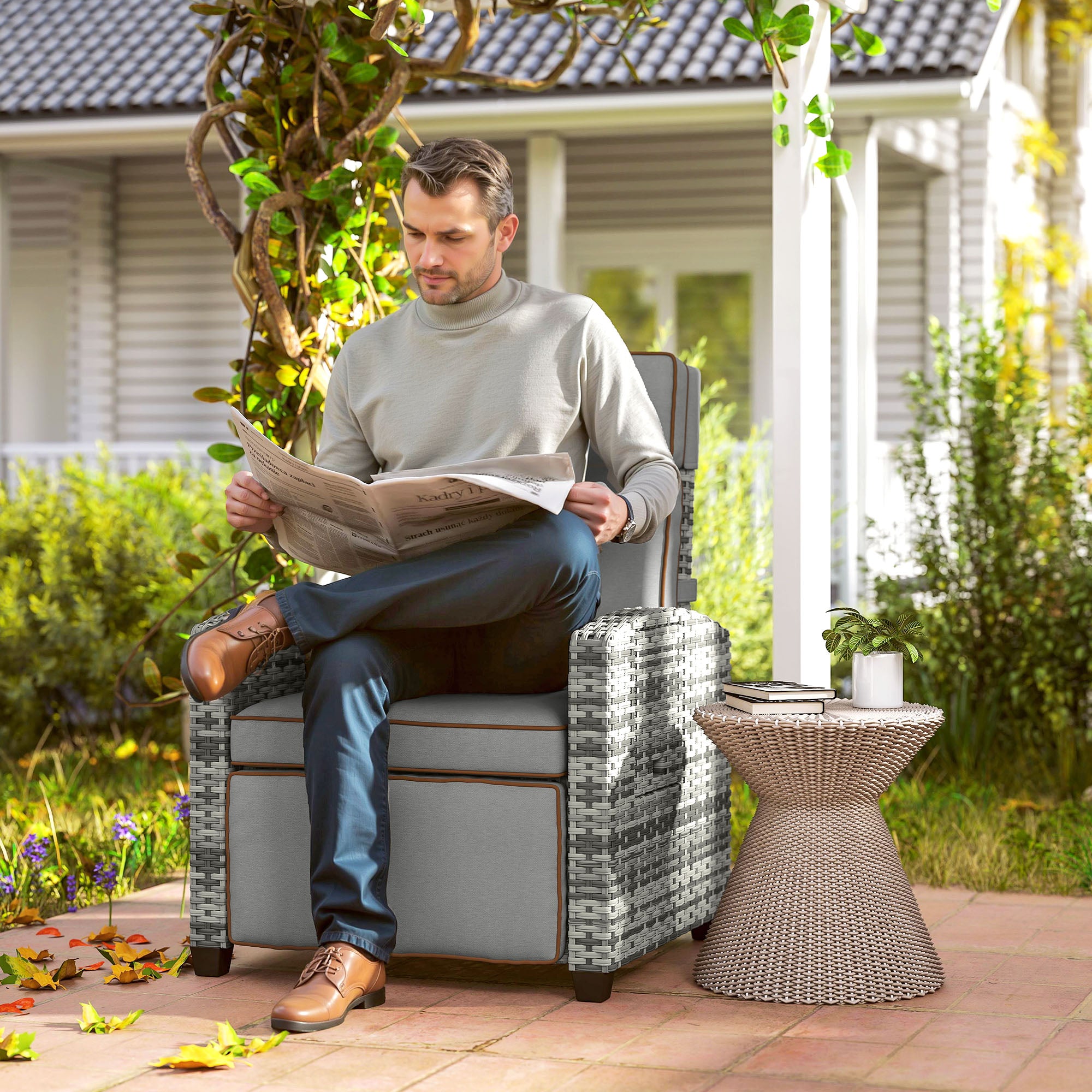 Adjustable Rattan Garden Recliner Chair with Flip Table, Cushion & Footrest - Mixed Grey/Grey