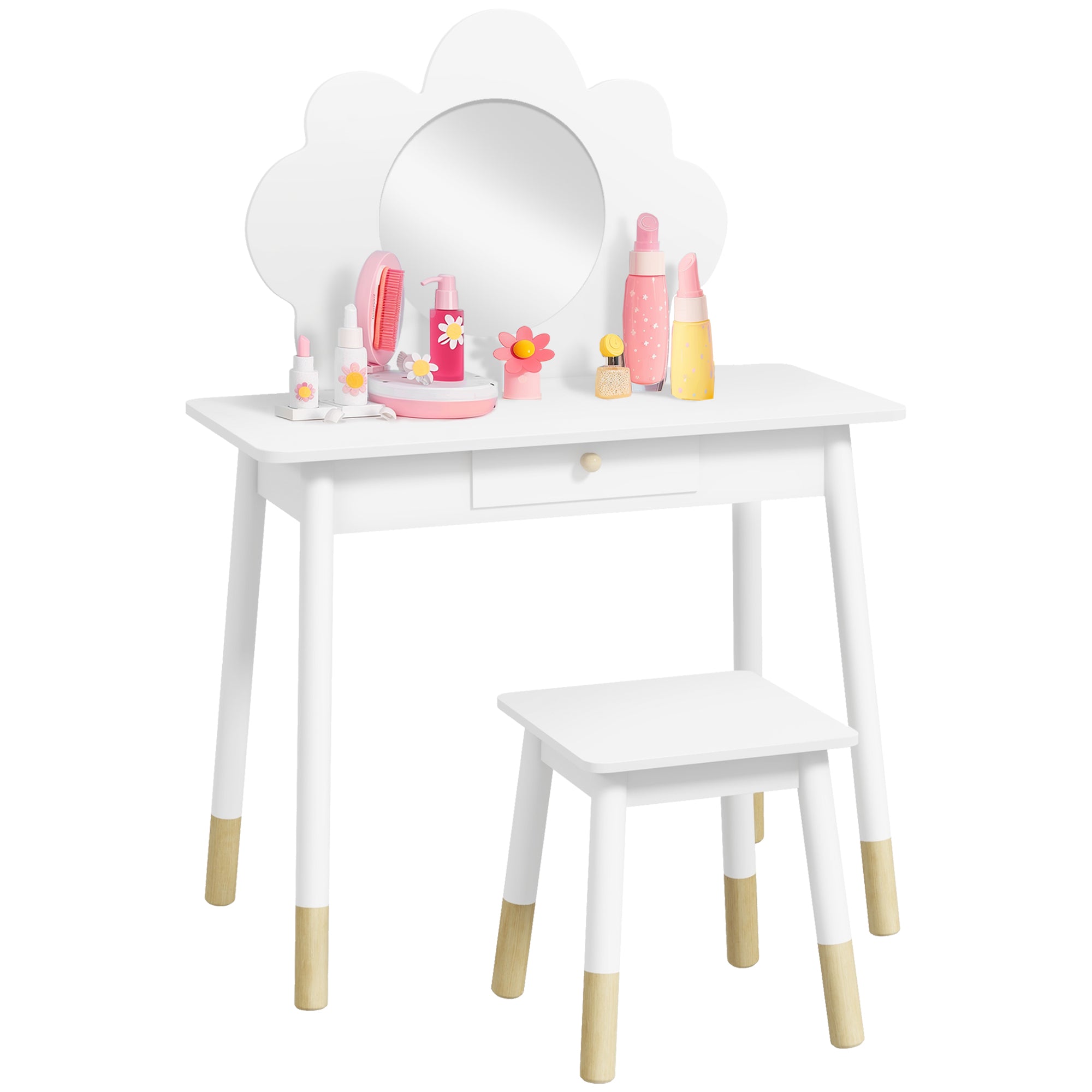 3 Piece Kids Dressing Table Set with Mirror and Drawer White Cloud Design