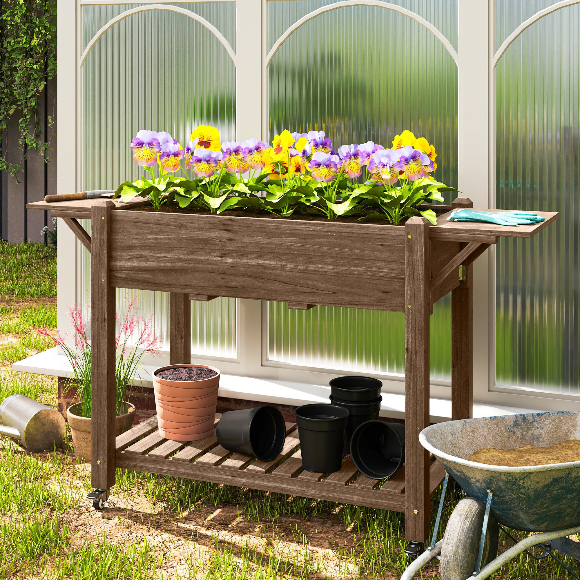 Wooden Raised Planter with Shelves 46 x 94cm Carbonised Finish