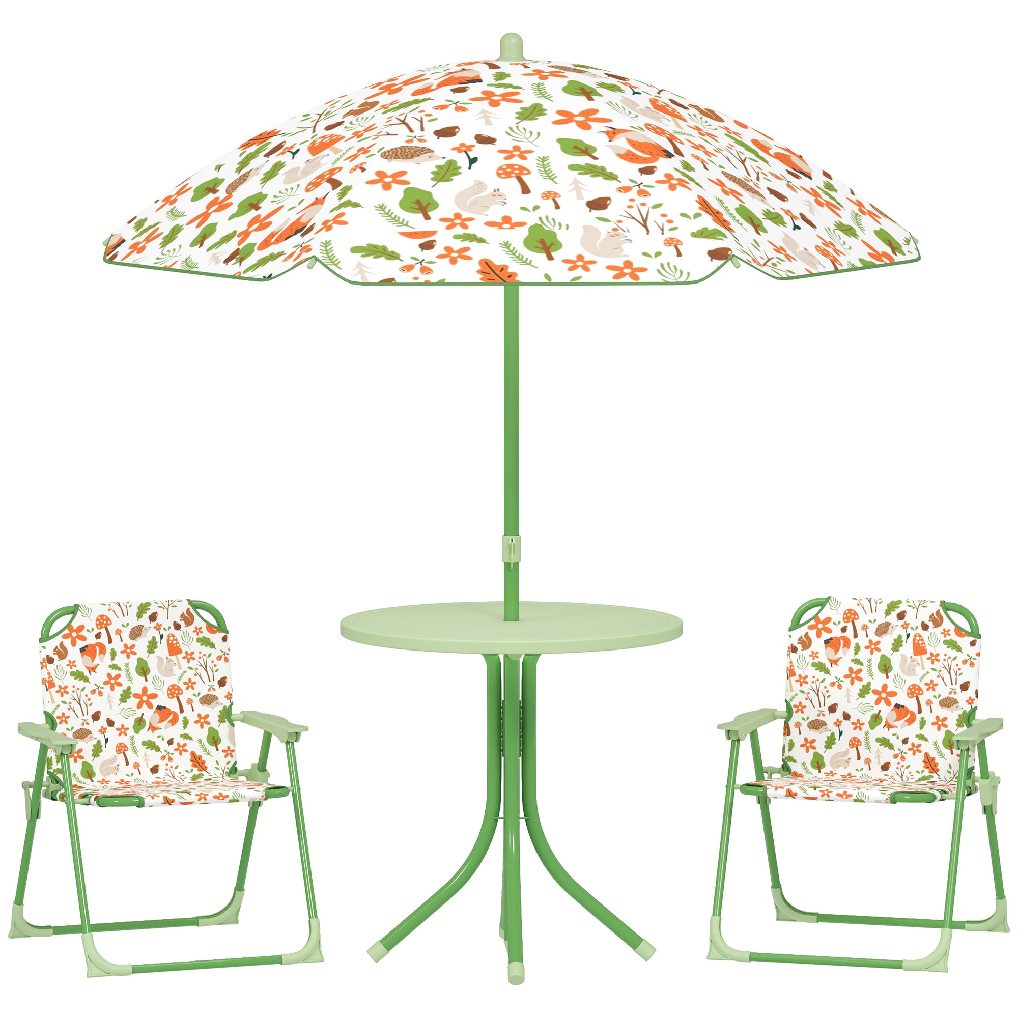 Kids 4-Piece Garden Table and Folding Chair Set with Adjustable Parasol, Fox Pattern - Green