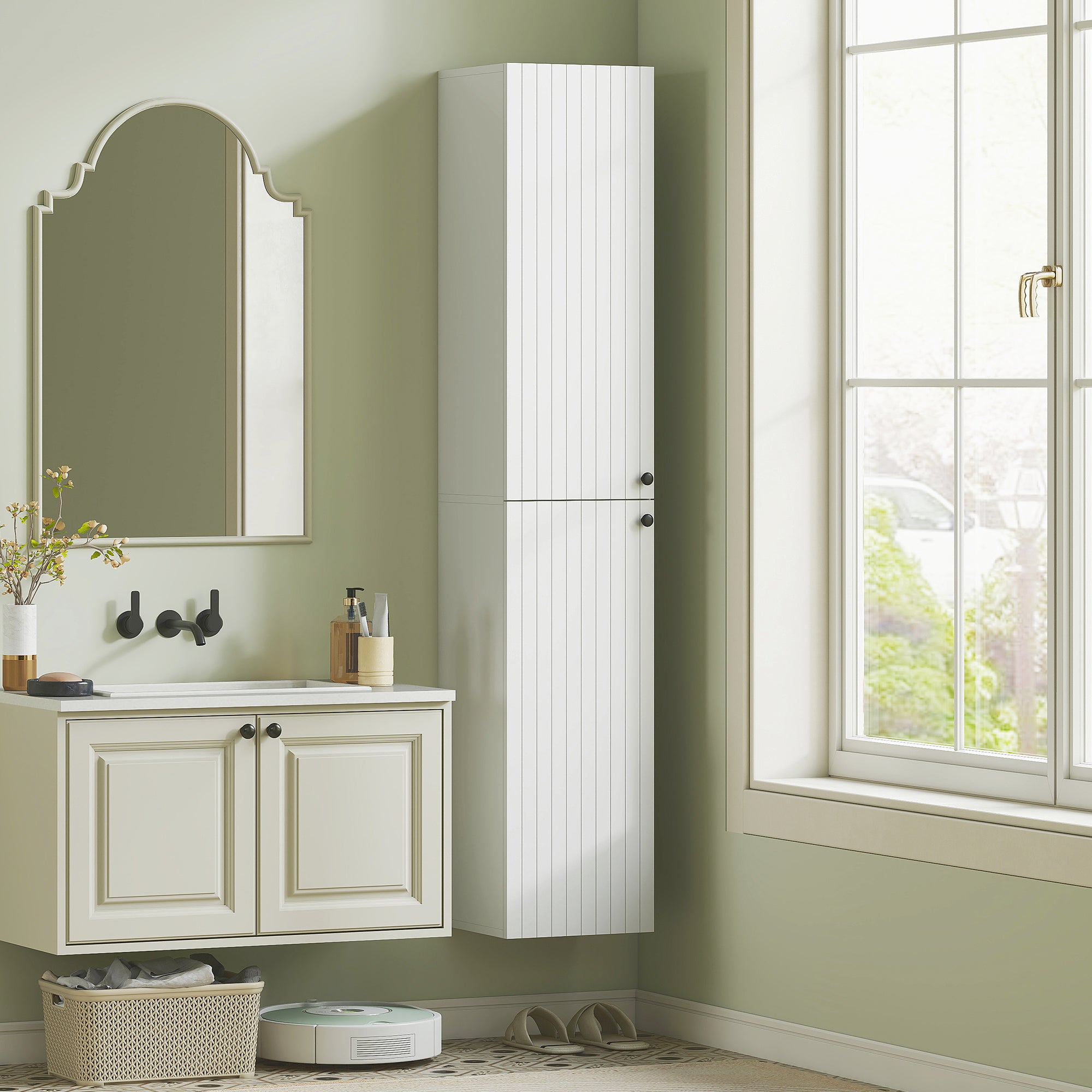 Wall Mounted Tall Bathroom Storage Cabinet with Soft-Close Hinges, Slim Bathroom Cabinet with 2 Doors, White