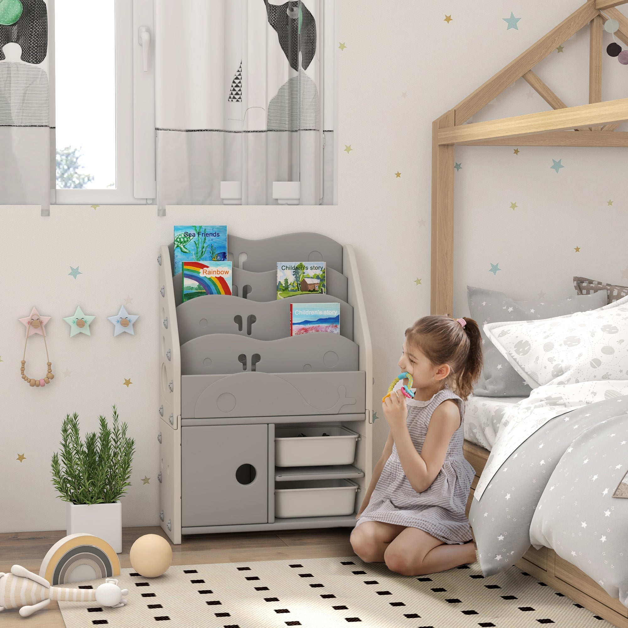 Kids Storage Units with 2 Storage Boxes, 4 Tier Bookshelf, Cabinet, 67 x 29 x 98cm Light Grey