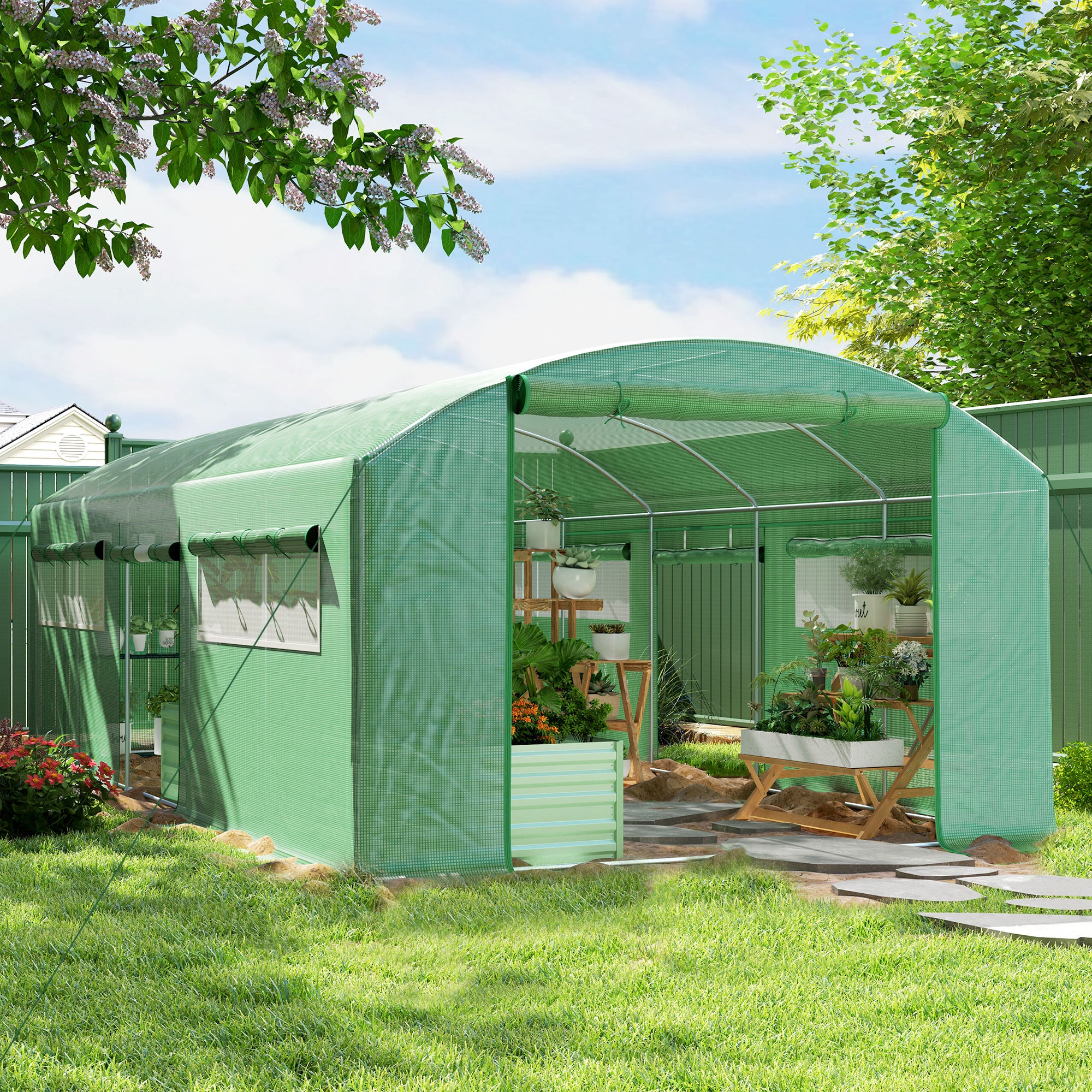 19 x 9.8ft Walk-In Polytunnel Greenhouse with 140gsm Cover - Green