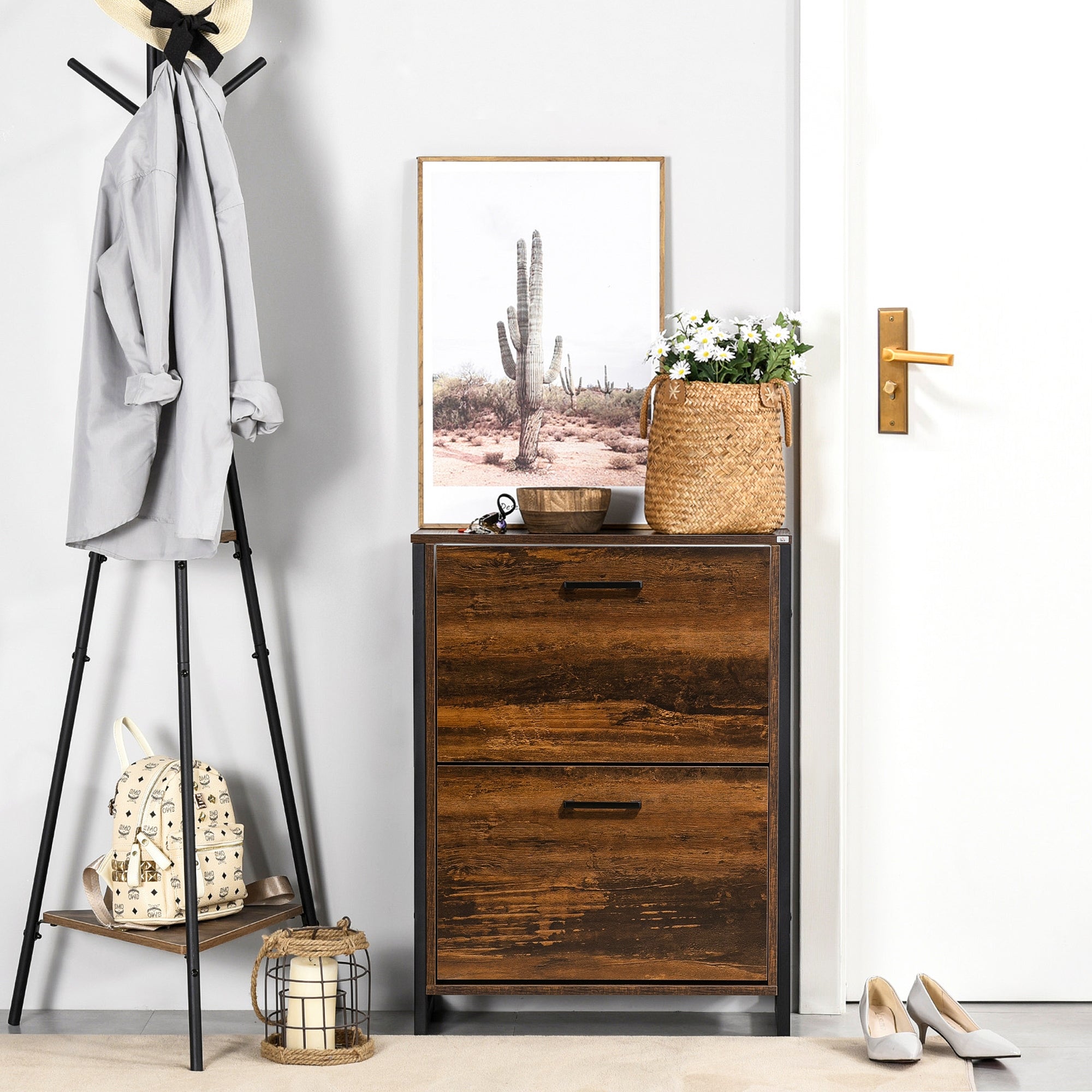 12-Shoe Two-Door Storage Cabinet with Flat Top - Wood-Effect