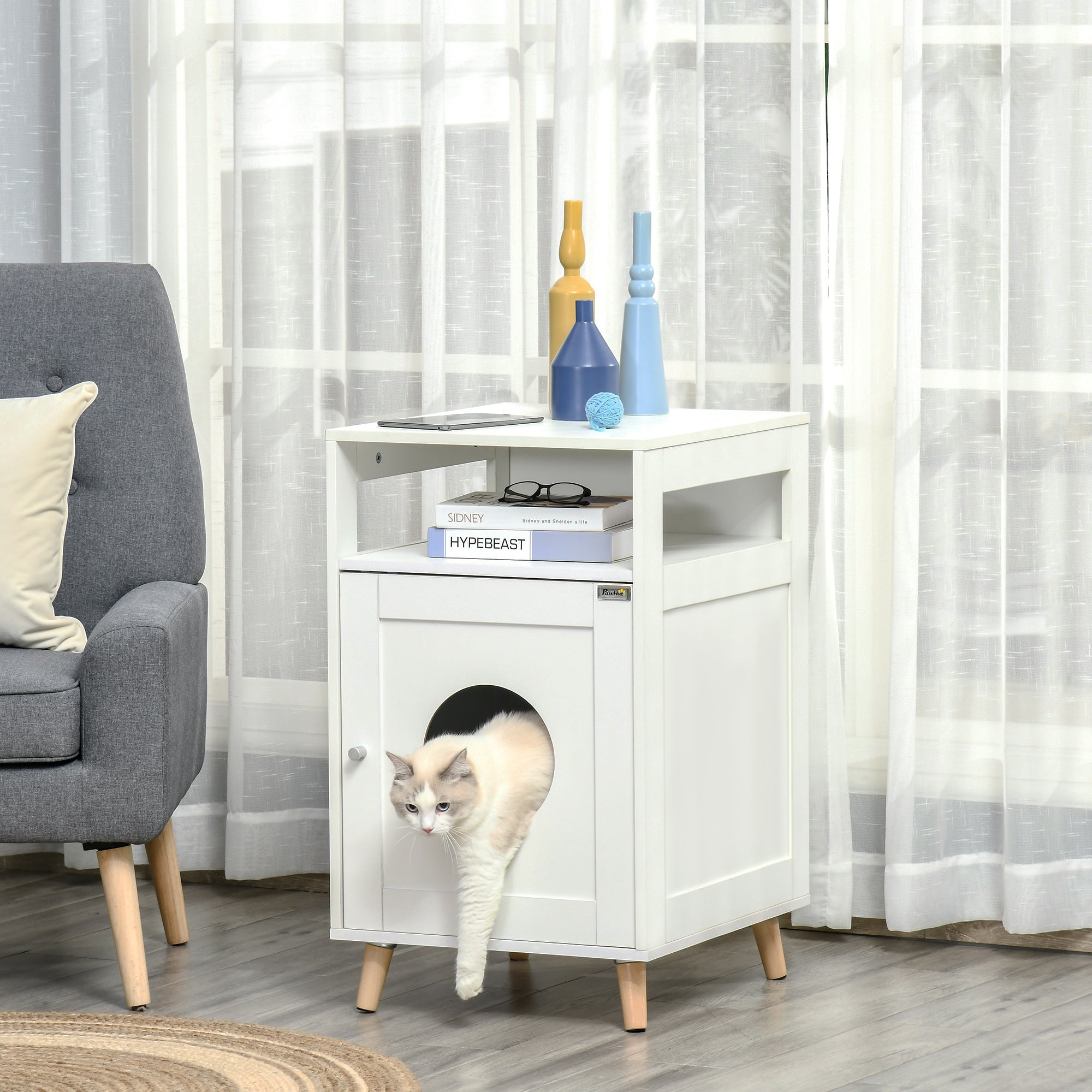 Cat Litter Box Enclosure Washroom Cave House Decorative End Table Wooden Cabinet Indoor with Magnetic Door Multiple Storage Space White