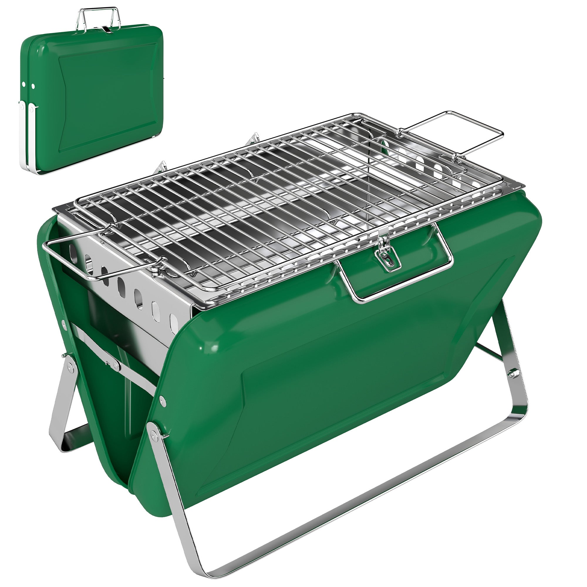 Charcoal BBQ Grill Portable Stainless Steel Barbecue with Tilting Grate for Camping Picnic Garden Dark Green