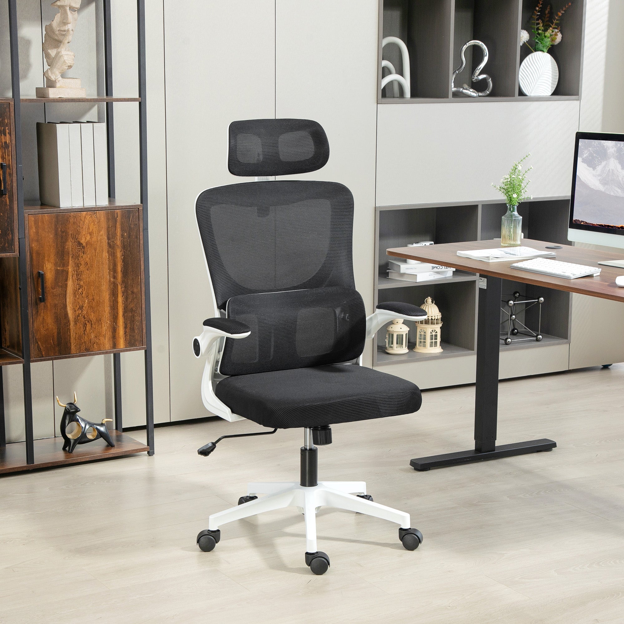 Ergonomic Office Chair, High Back Mesh Computer Desk Chair with Adjustable Headrest and Lumbar Support, Rotatable Armrests, Tilt Function for Home Office, Black