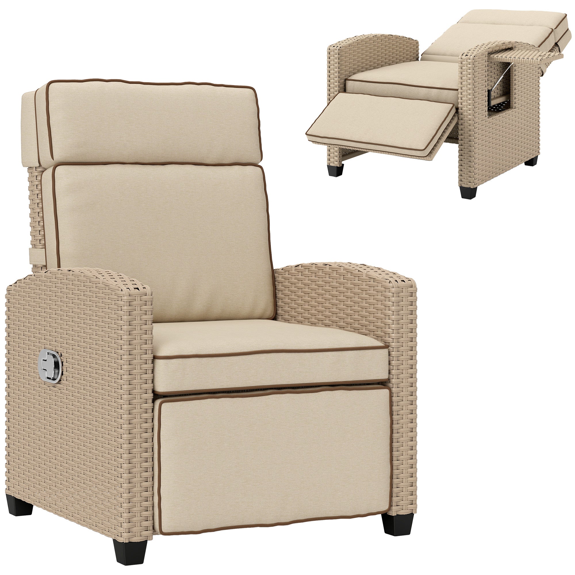 Adjustable Rattan Garden Recliner Chair with Cushion, Footrest & Flip Table - Khaki/Beige