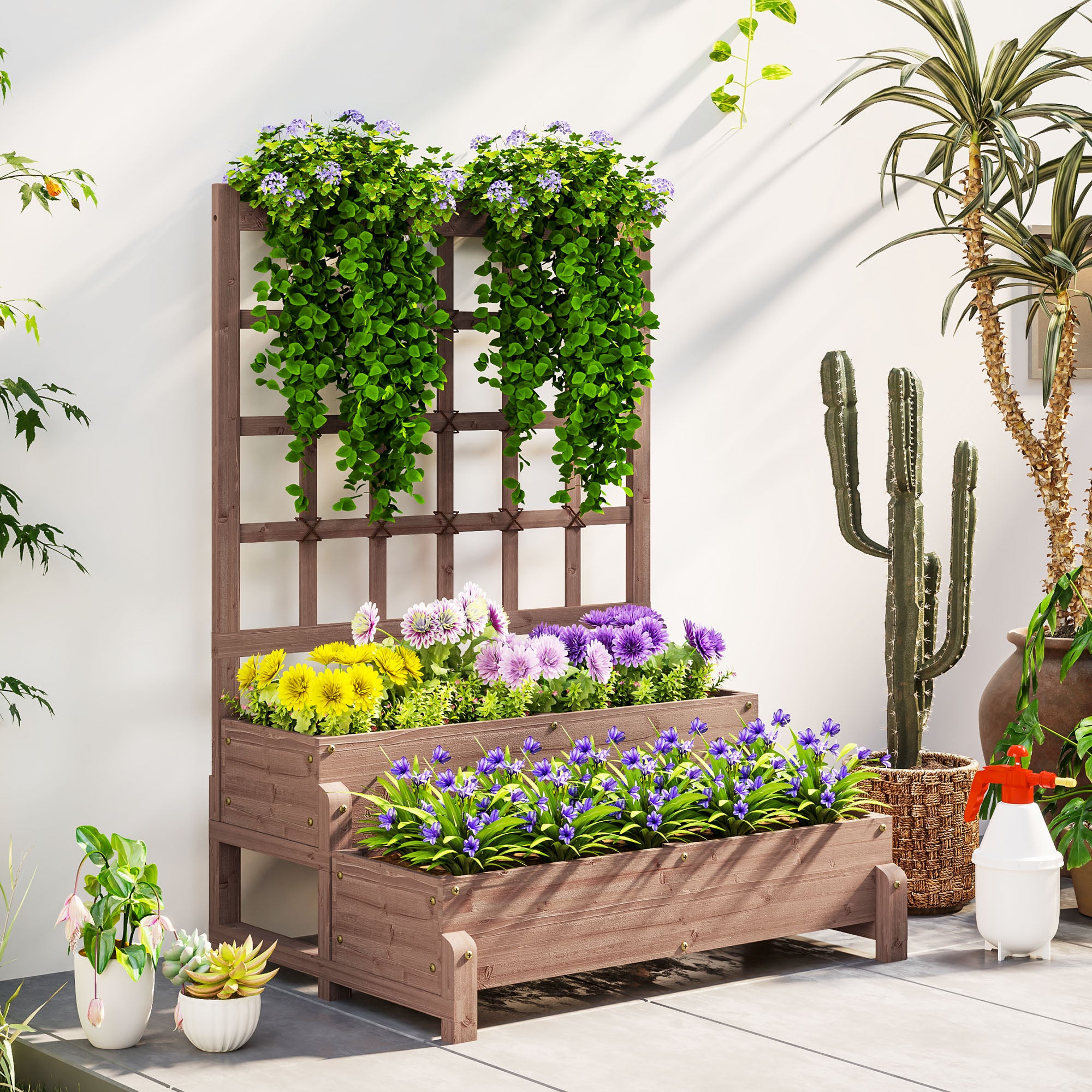 2 Tier Raised Garden Bed with Trellis - Elevated Wooden Planter Brown