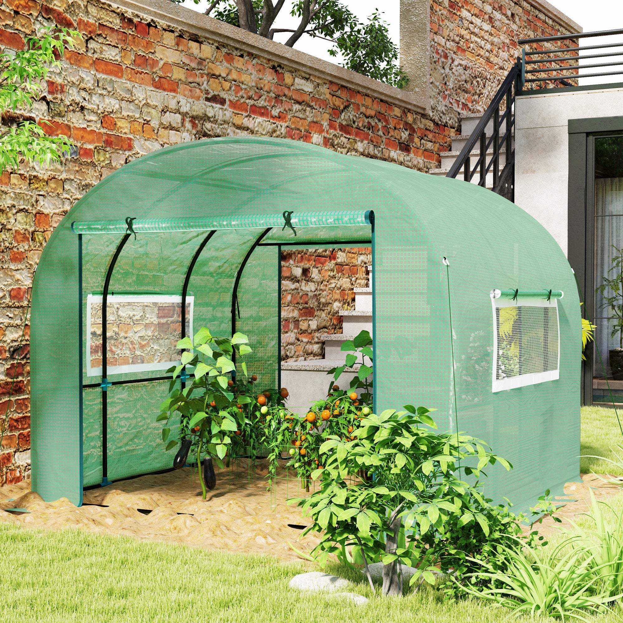 300 x 300cm Walk-In Polytunnel Greenhouse with Mesh Windows - Green