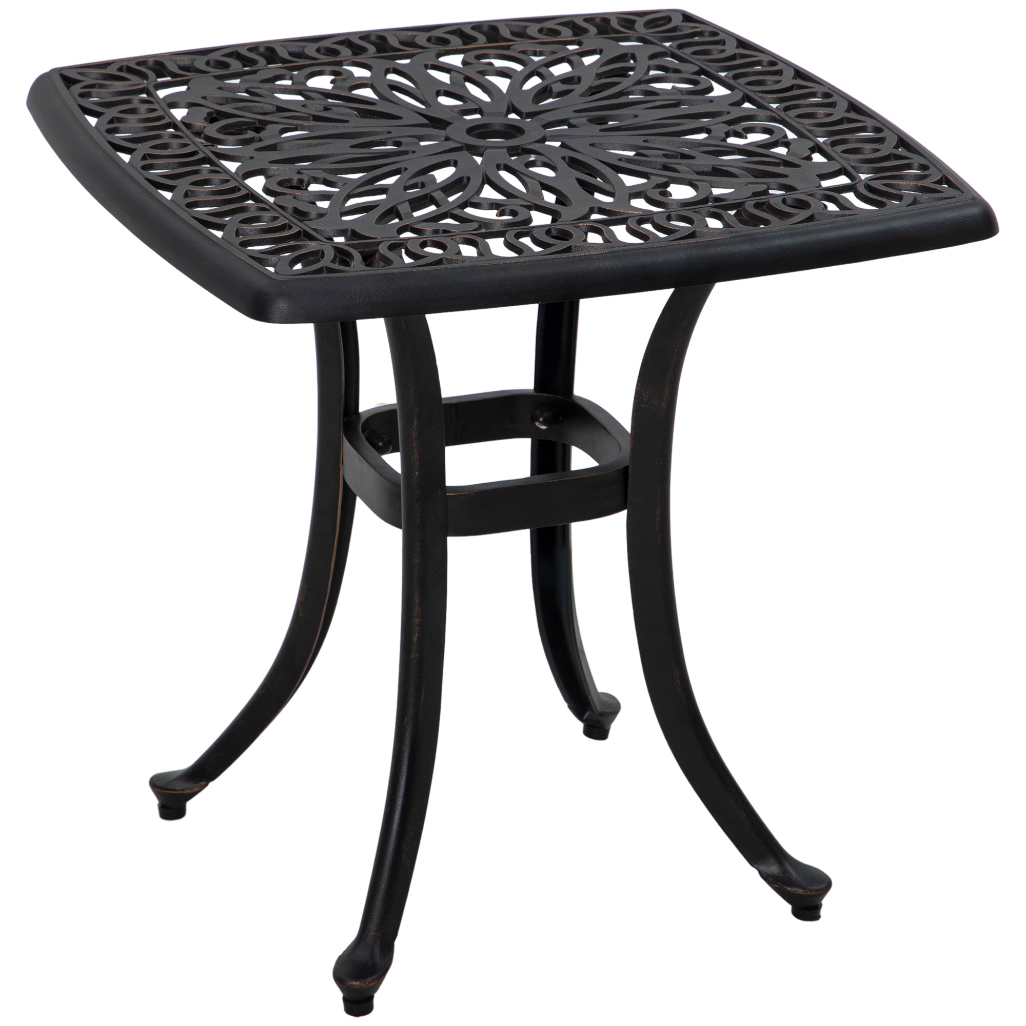 Cast Aluminium Square Bistro Side Table with Umbrella Hole - Bronze Tone
