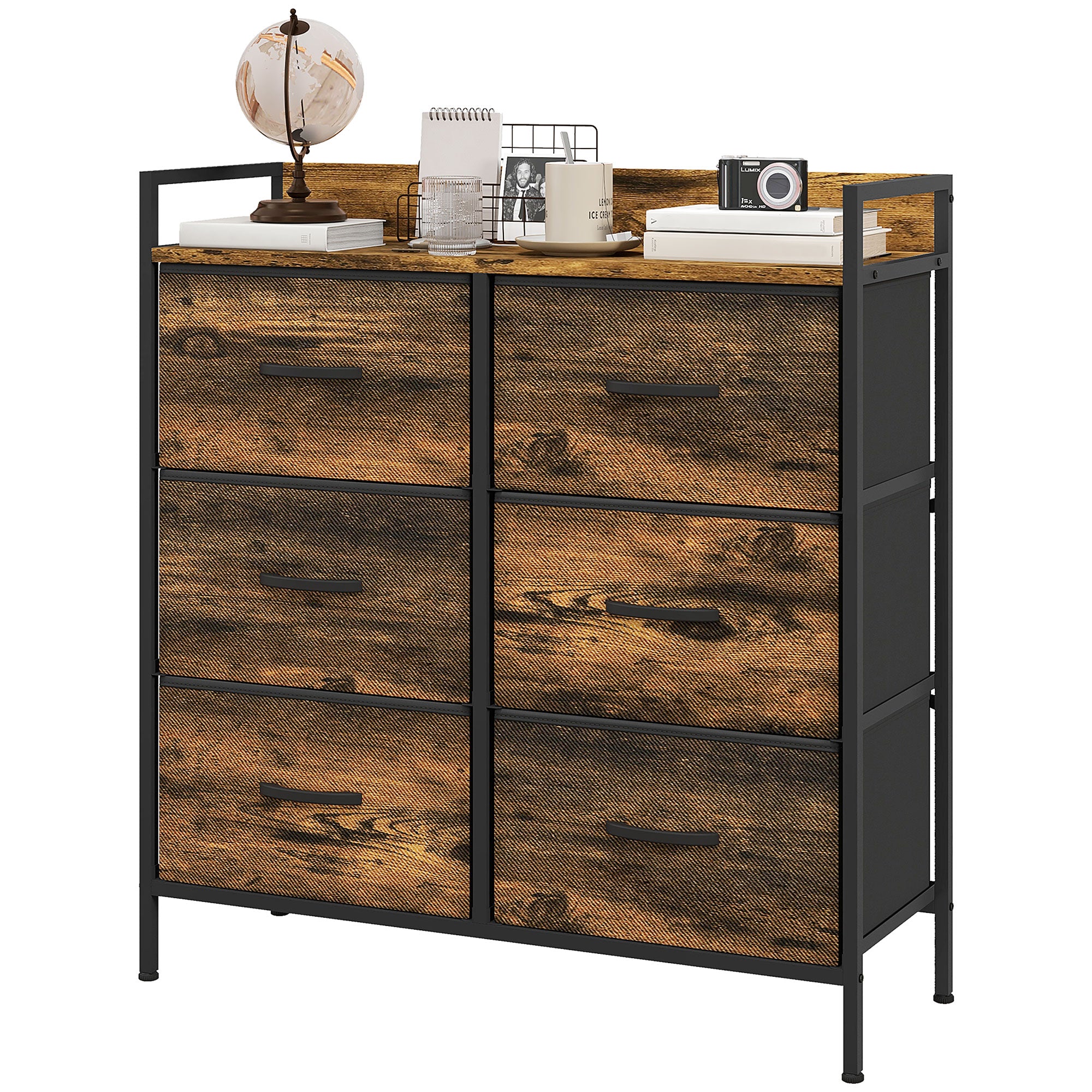 Rustic Chest of Six Fabric Drawers with Steel Frame - Rustic Brown