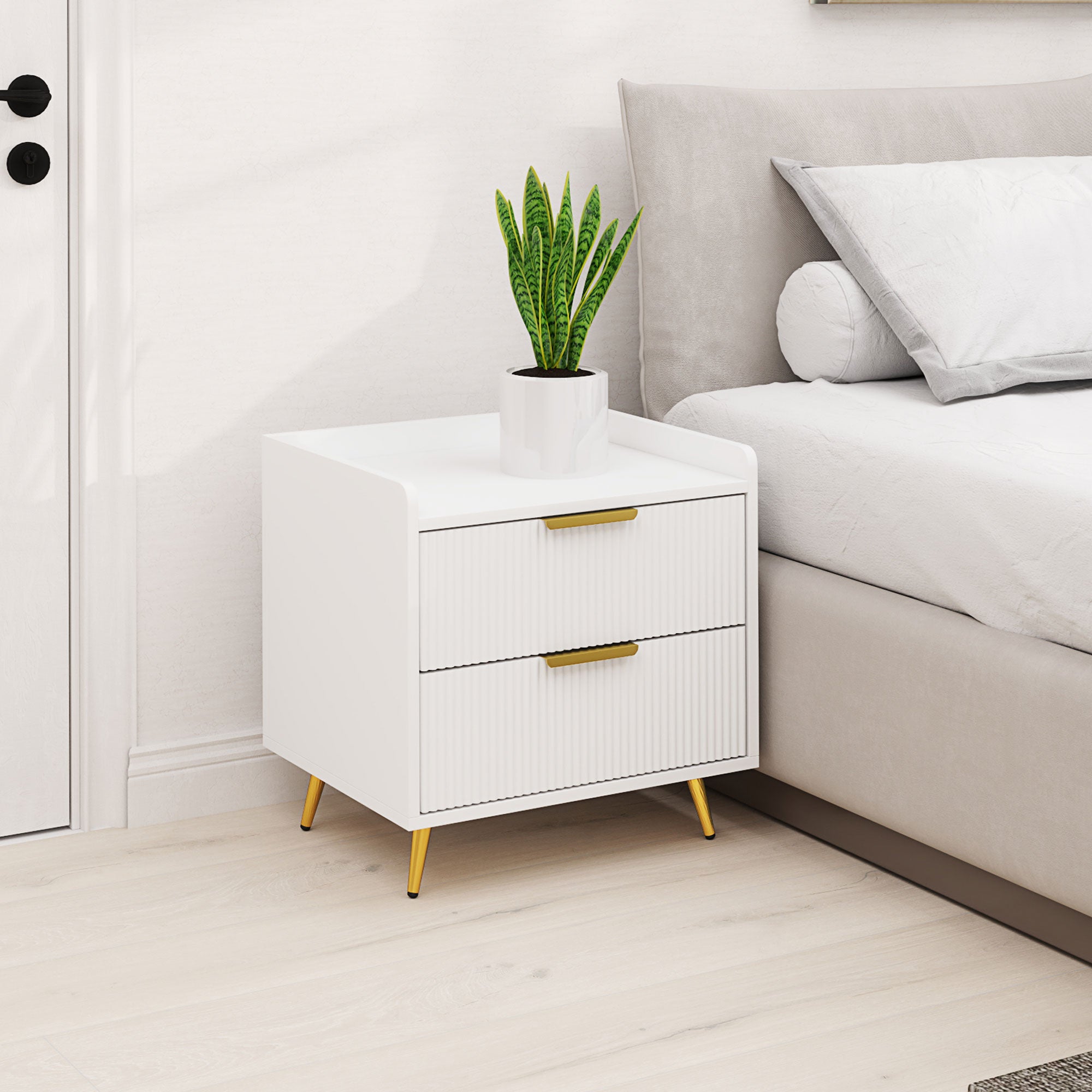 Elegant Two-Drawer Bedside Table with Gold Handles - White