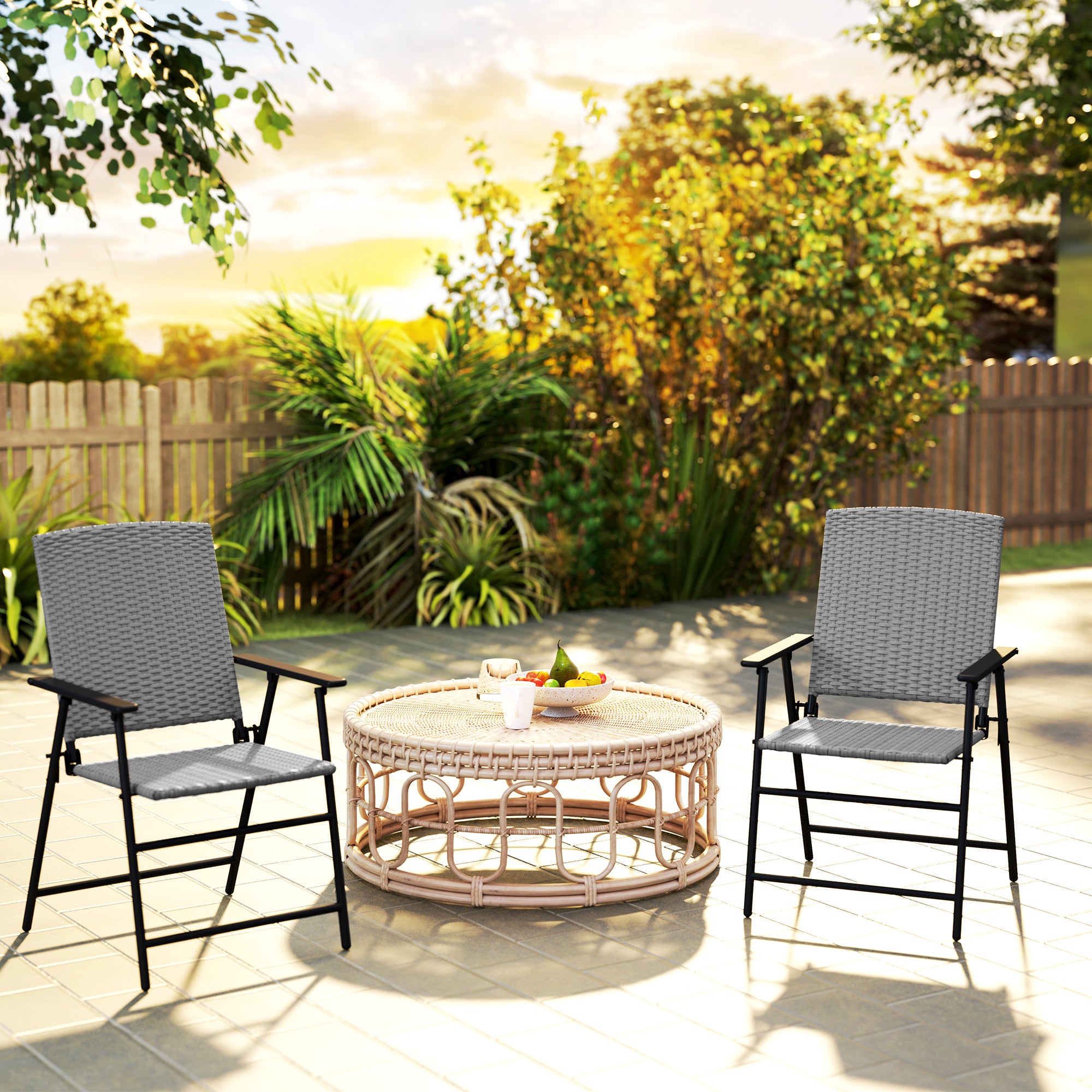 Set of Two Folding Rattan Outdoor Chairs with Steel Frame - Grey