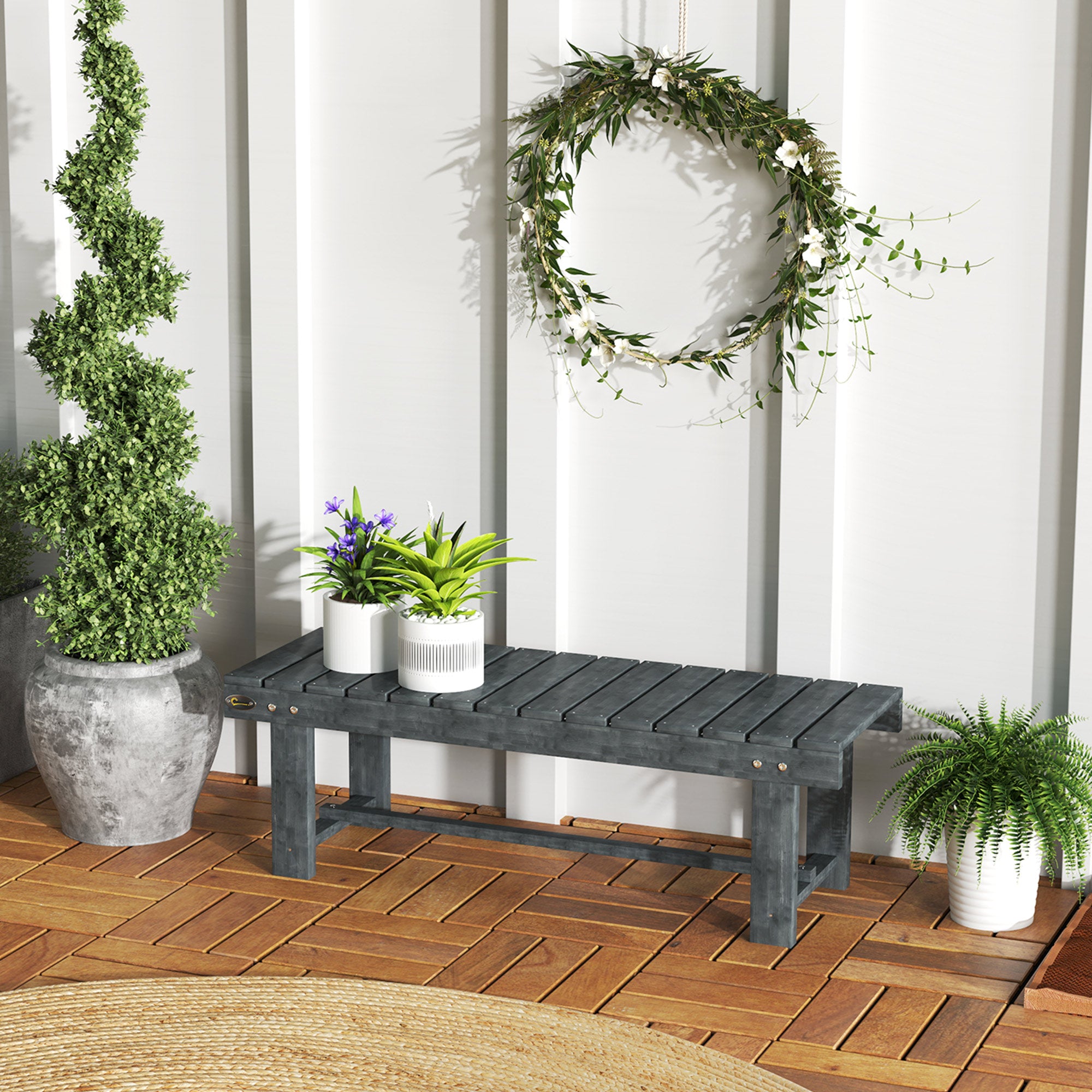 2-Seater Garden Wooden Bench with Slatted Seat - Grey
