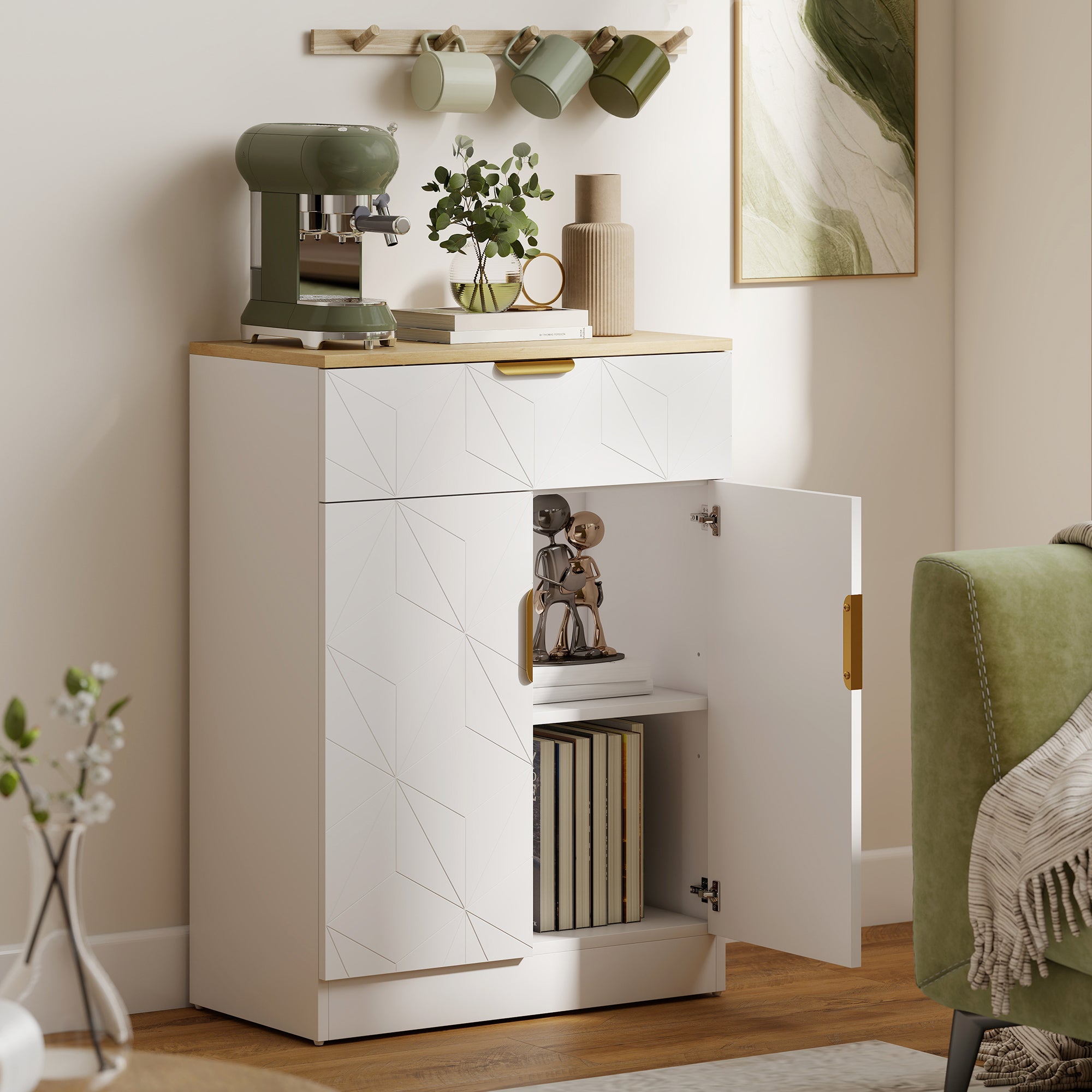 Sideboard Storage Cabinet, Modern Storage Cupboard with Drawer and Adjustable Shelf for Living Room, Kitchen, Dining Room, Entryway, White
