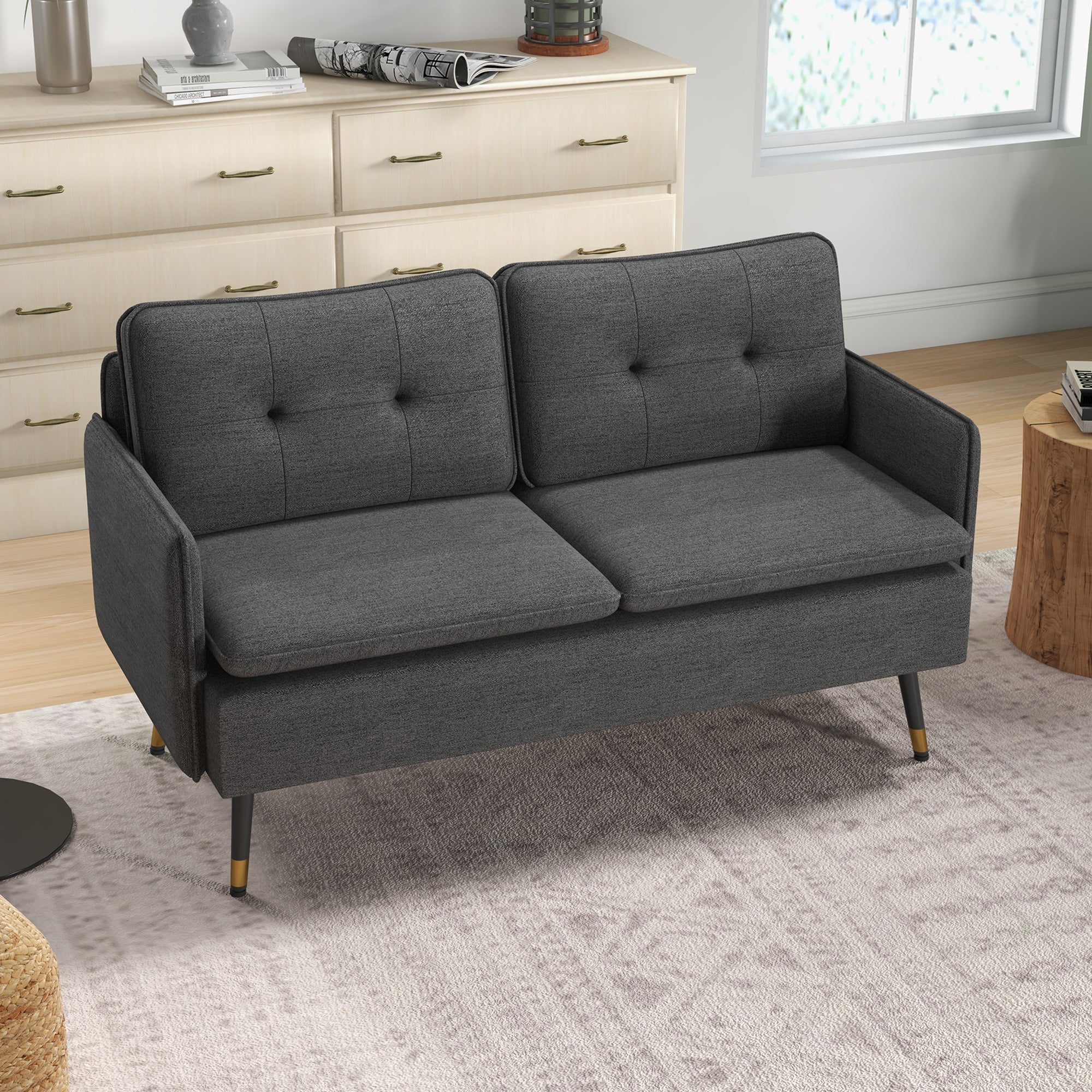 Modern Two Seater Sofa, Button Tufted Loveseat with Cushions and Steel Legs for Living Room, Guest Room, Dark Grey