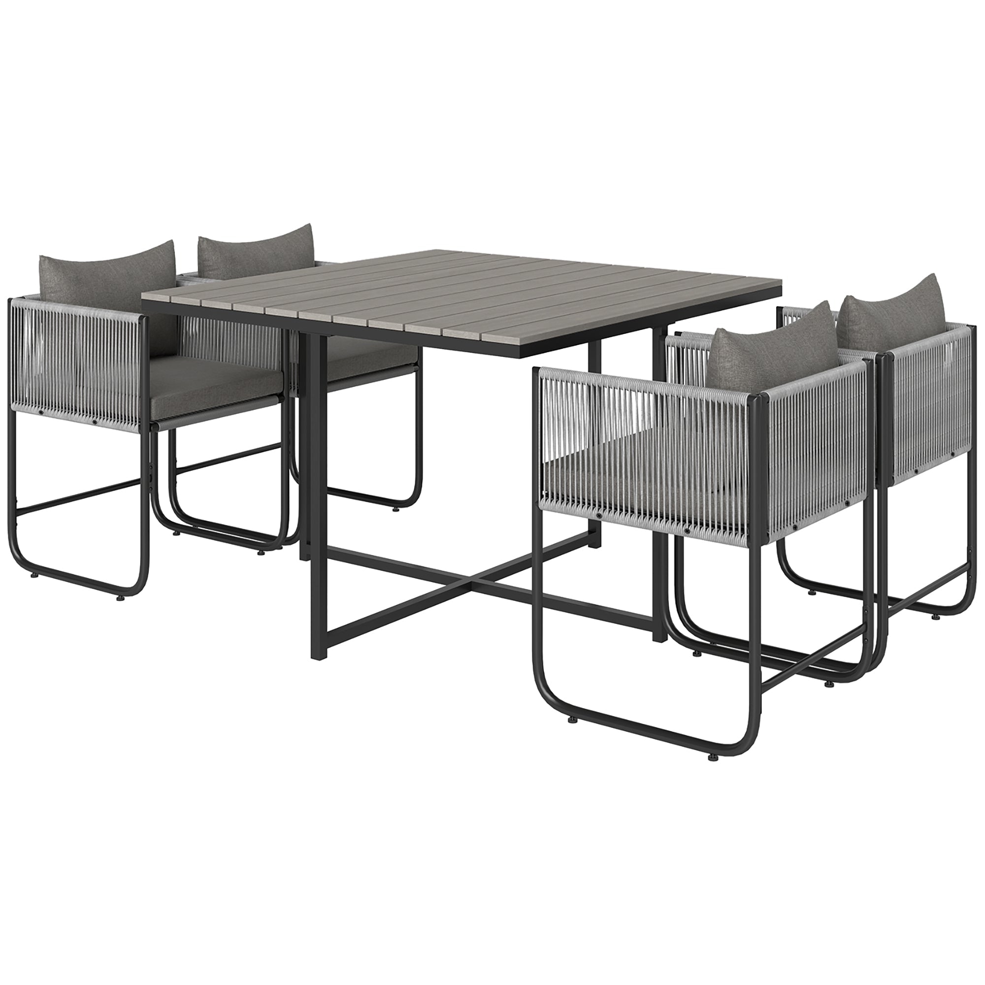 4 Seater Rattan Cube Garden Dining Set with Cushions and Rectangular Wood Grain Table - Grey
