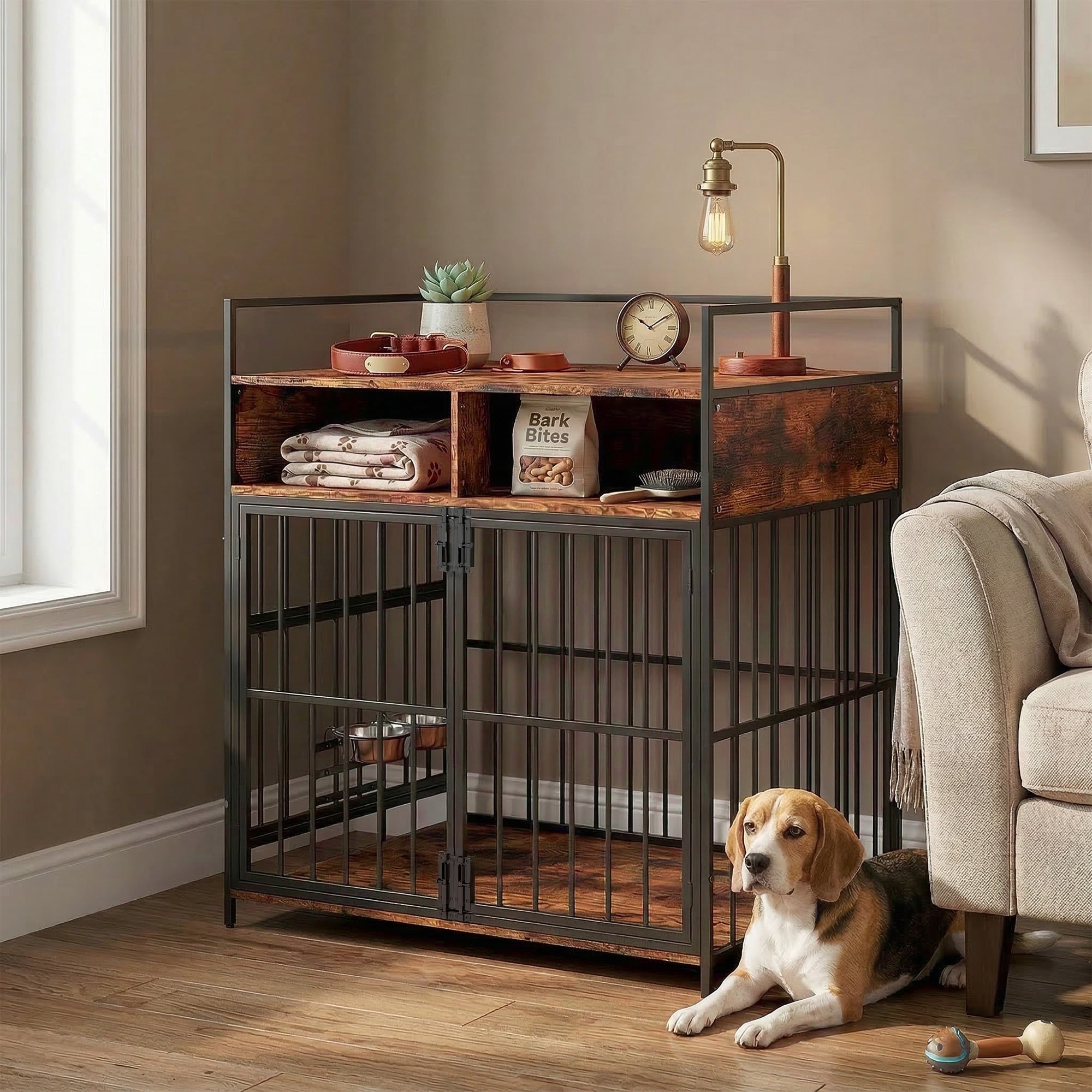 Dog Crate Furniture, Dog Cage with Rotatable Feeding Station and Storage Shelves, End Side Table Indoor Pet Kenne