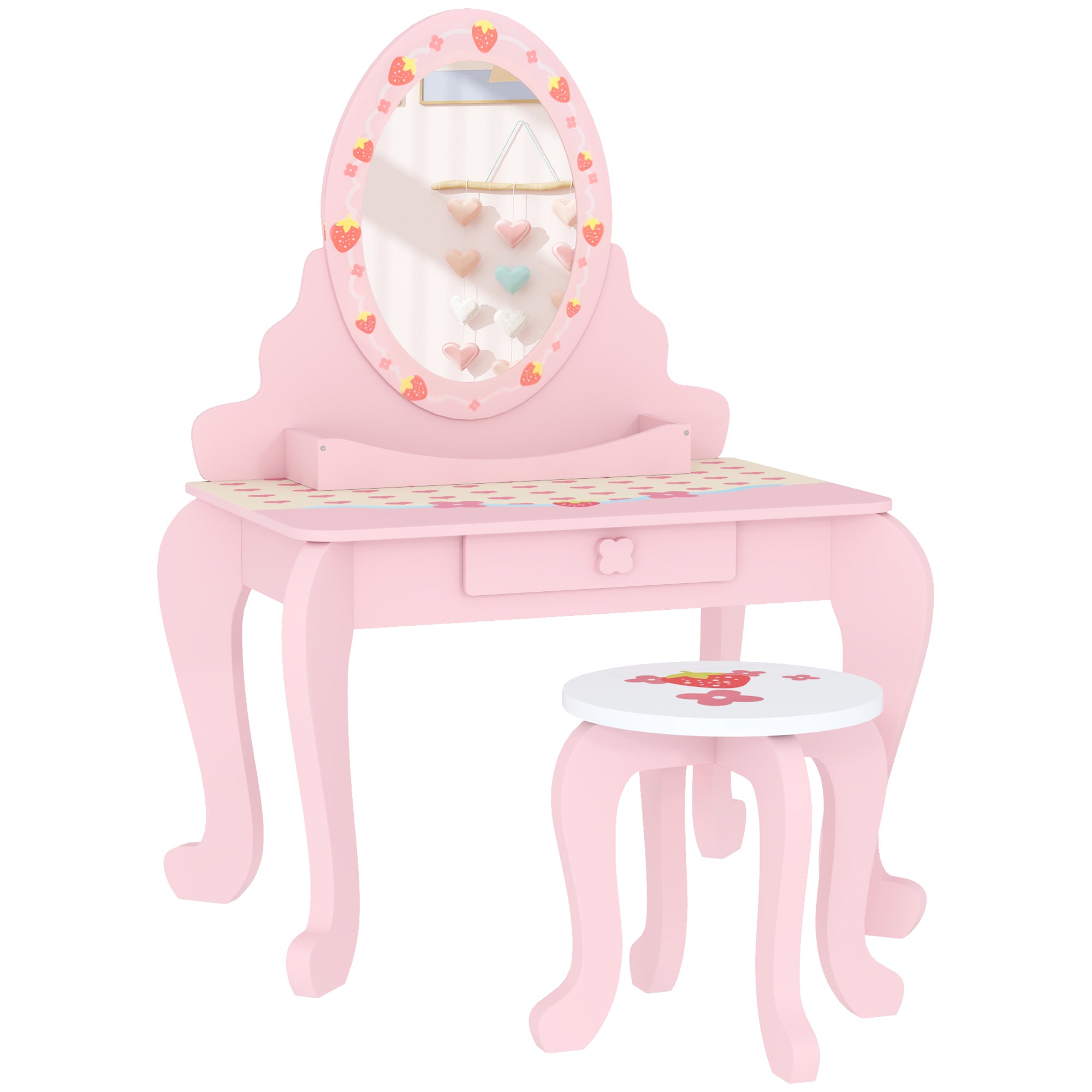 3 Piece Kids Dressing Table Set with Stool and Mirror Pink Strawberry Theme