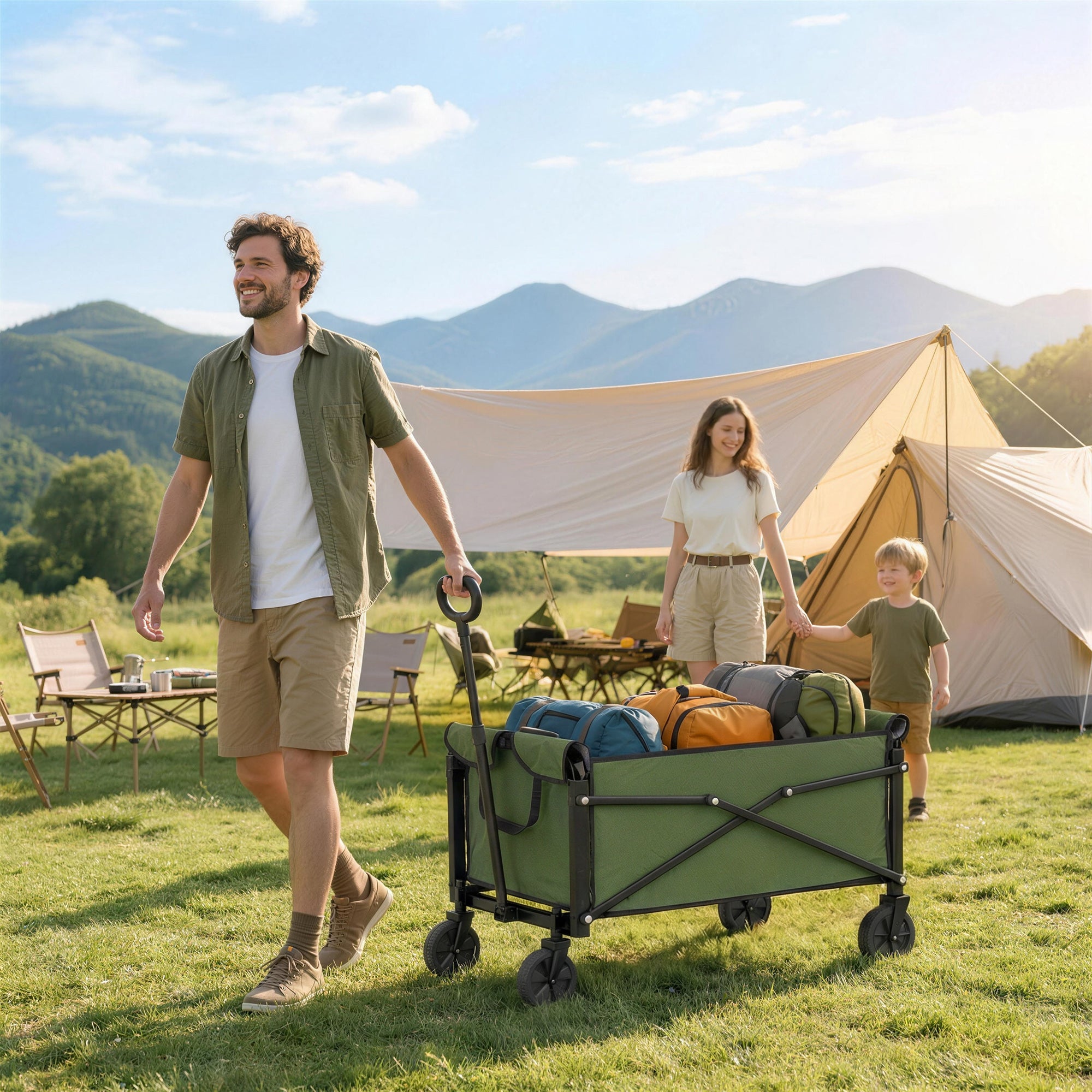 81L Festival Trolley on Wheels, Compact Garden Folding Trolley Cart with Adjustable Handle 80L Green