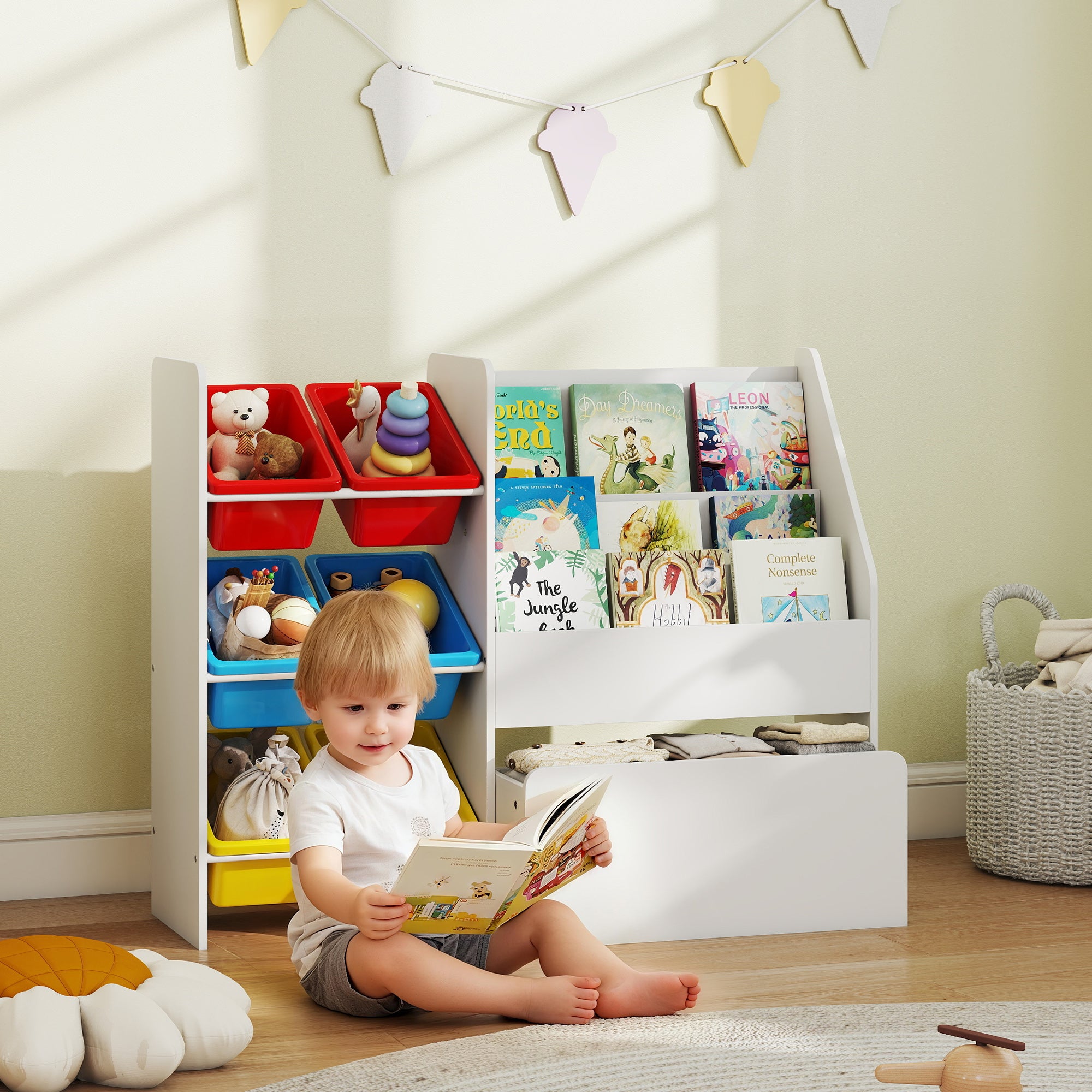 Toy Storage Unit, 3-Tier Toy Organiser Shelf with 6 Removable Storage Bins for Bedroom, Nursery, Multicoloured