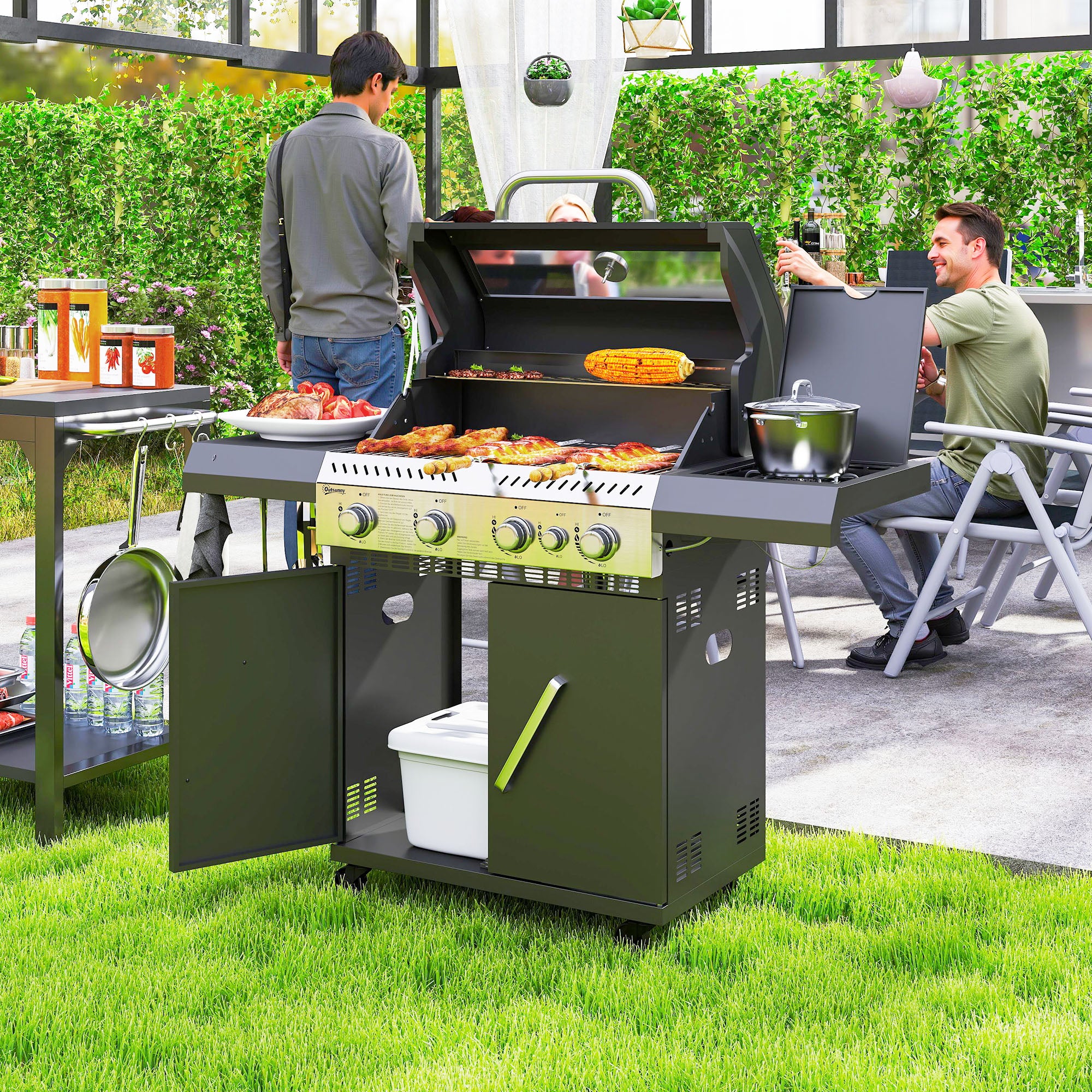 4+1 Burner Portable Gas BBQ Grill with Thermometer and Side Table - Black