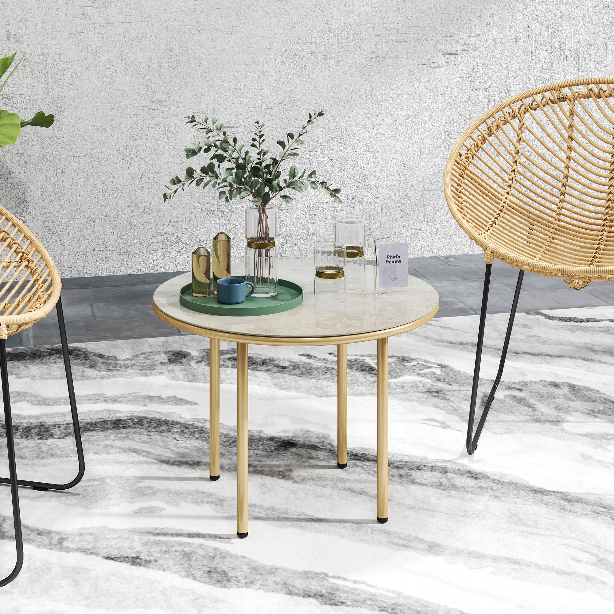 Round Coffee Table, Modern End Side Table with Faux Marble Tempered Glass Top, Steel Frame for Living Room, Bedroom, Office, Beige