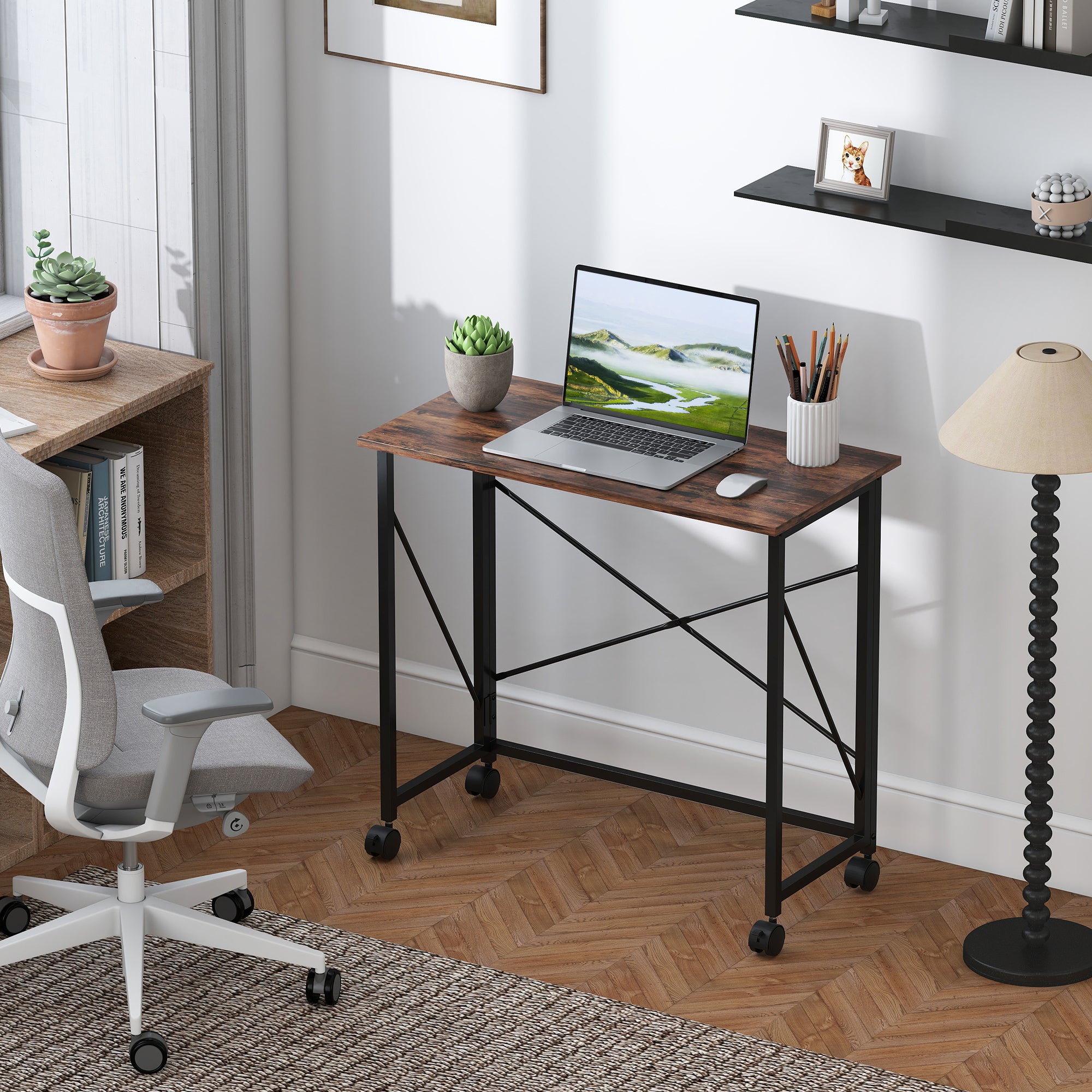 80 cm Folding Desk on Wheels - Rustic Brown