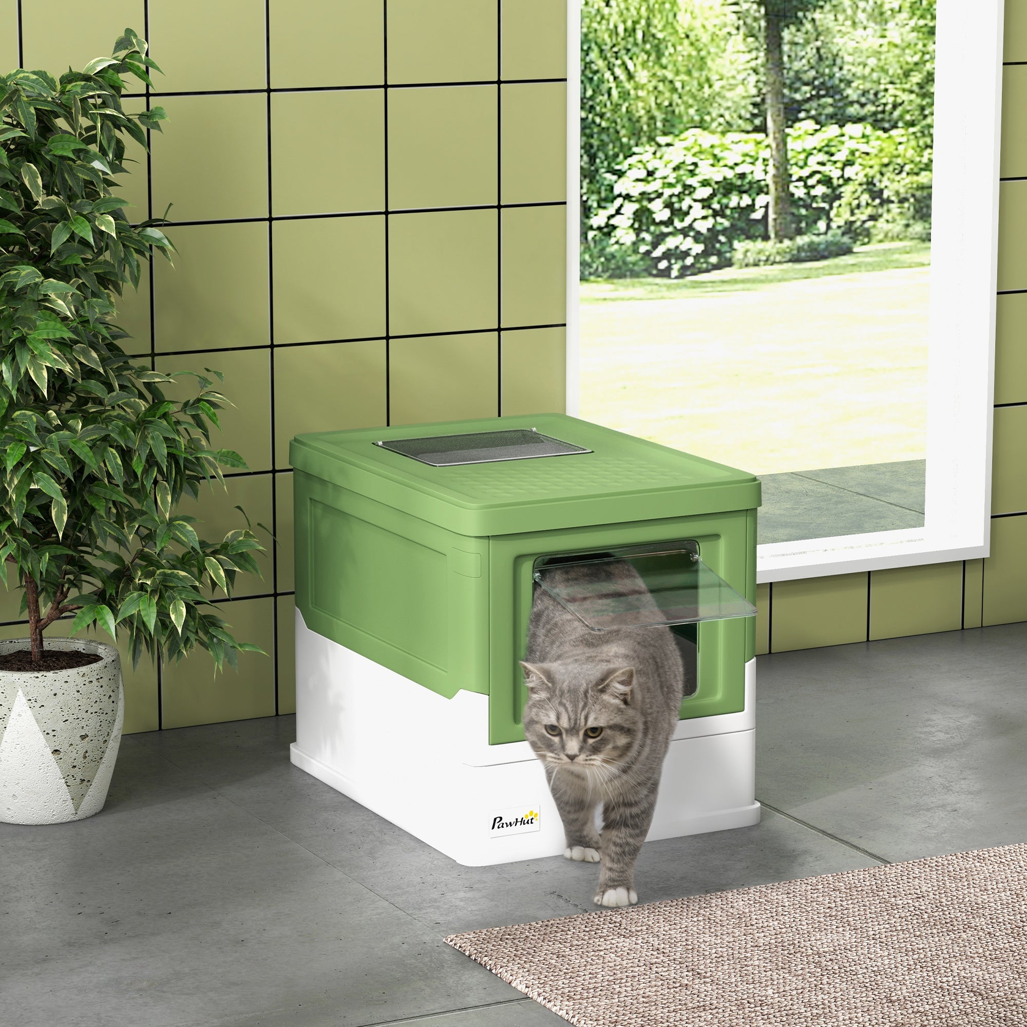 Hooded Cat Litter Box, Portable Pet Toilet, with Scoop, Front Entry - Light Green
