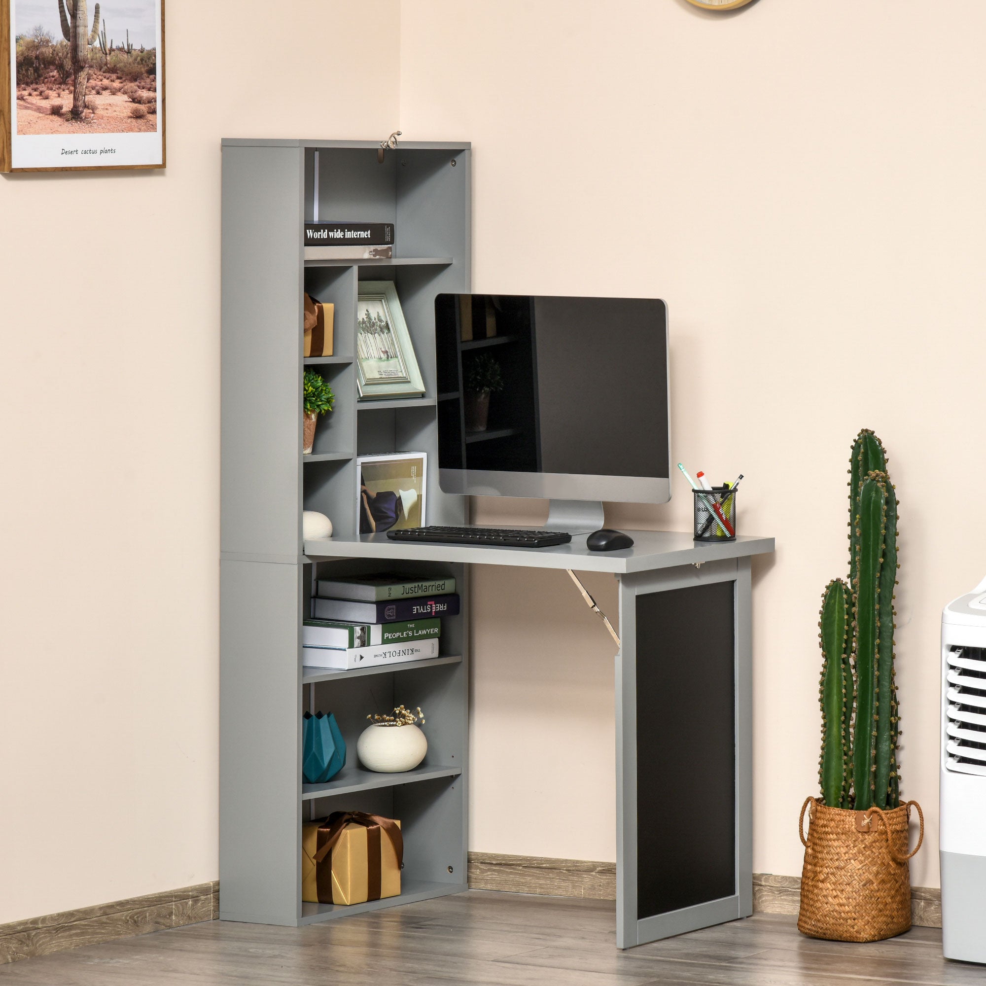 Folding Convertible Computer Desk with Blackboard and Side Shelves for Home Office - Grey