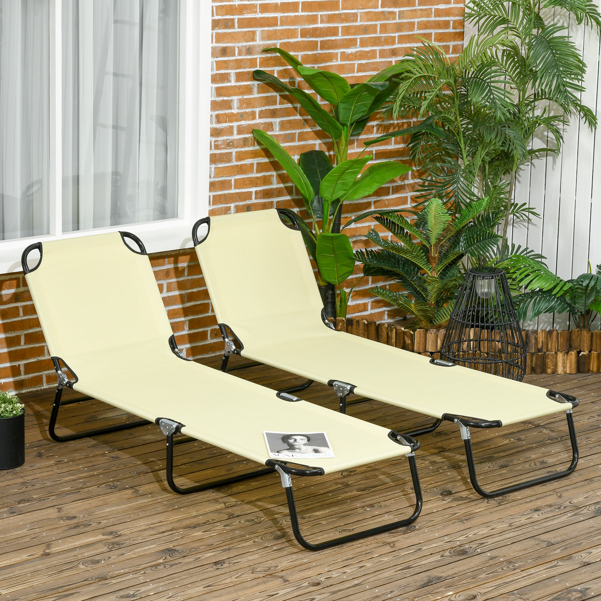 Set of Two Folding Metal Frame Sun Loungers with Adjustable Backrest - Beige