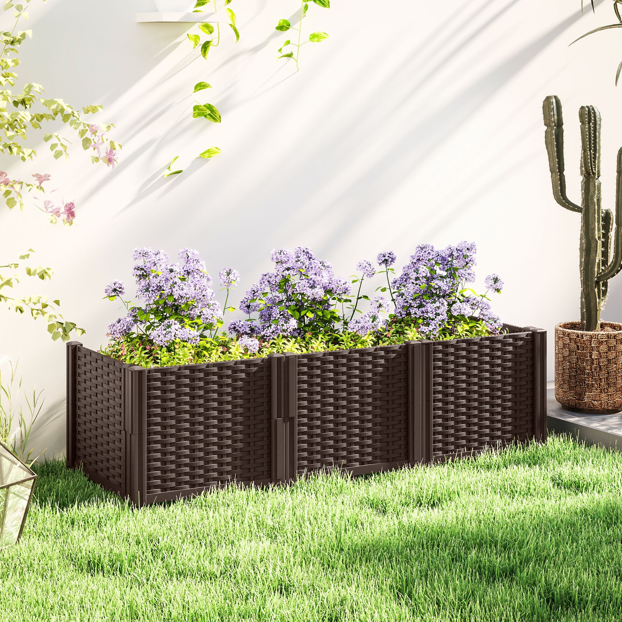 Modular Plastic Raised Garden Bed Kit with Fence Edging - Brown