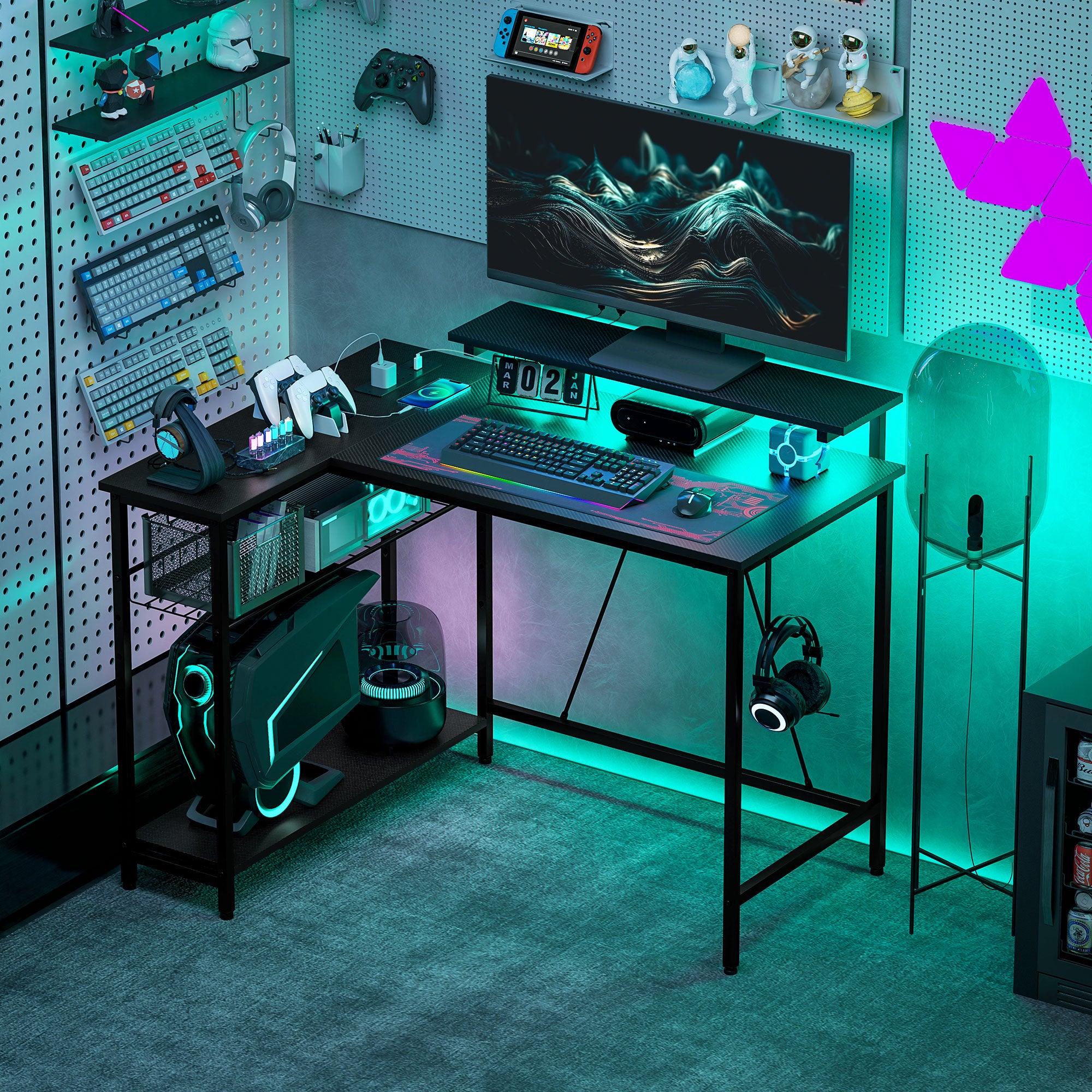 Reversible L-Shaped LED Gaming and Work Desk with USB Ports - Black