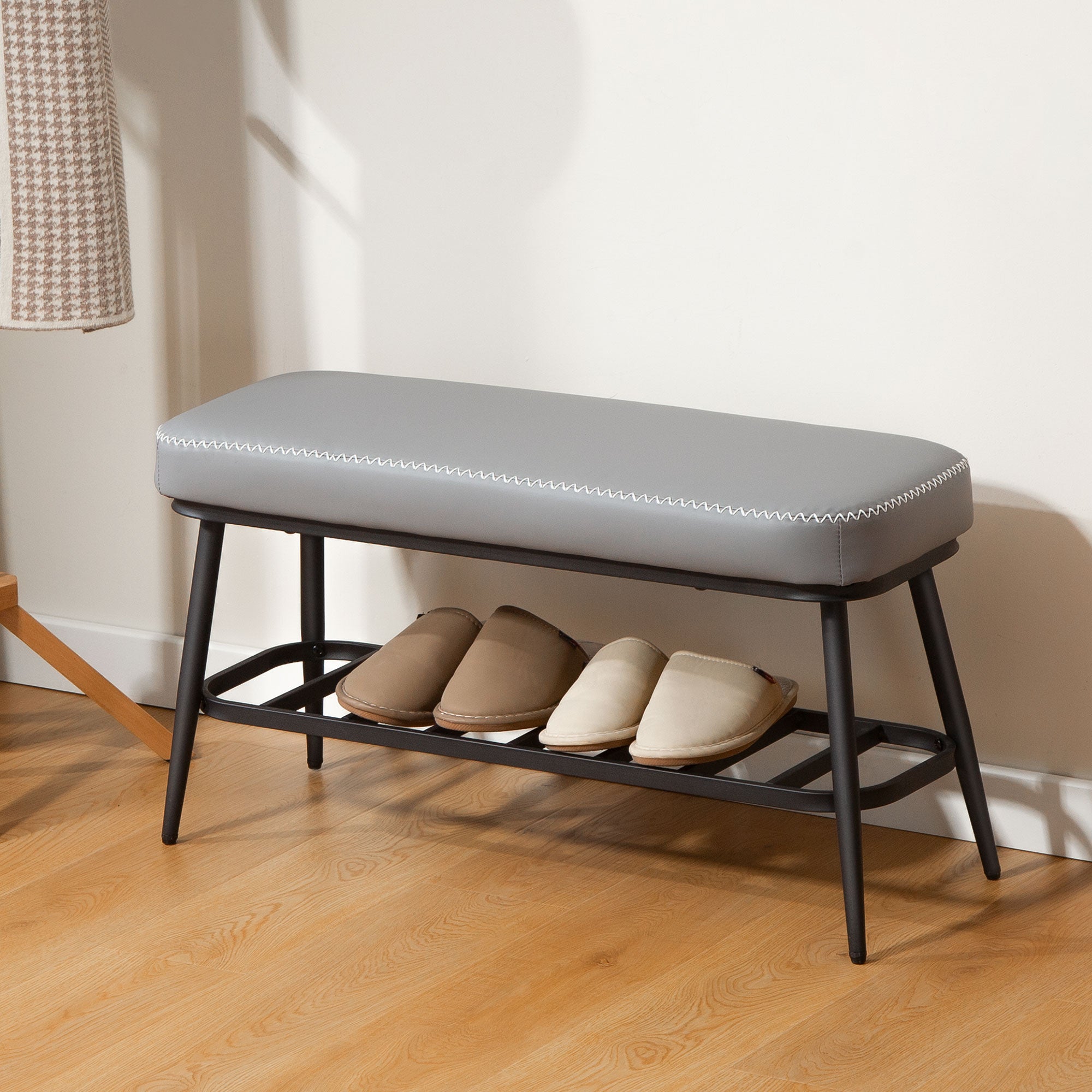 PU Leather Shoe Storage Bench - Grey