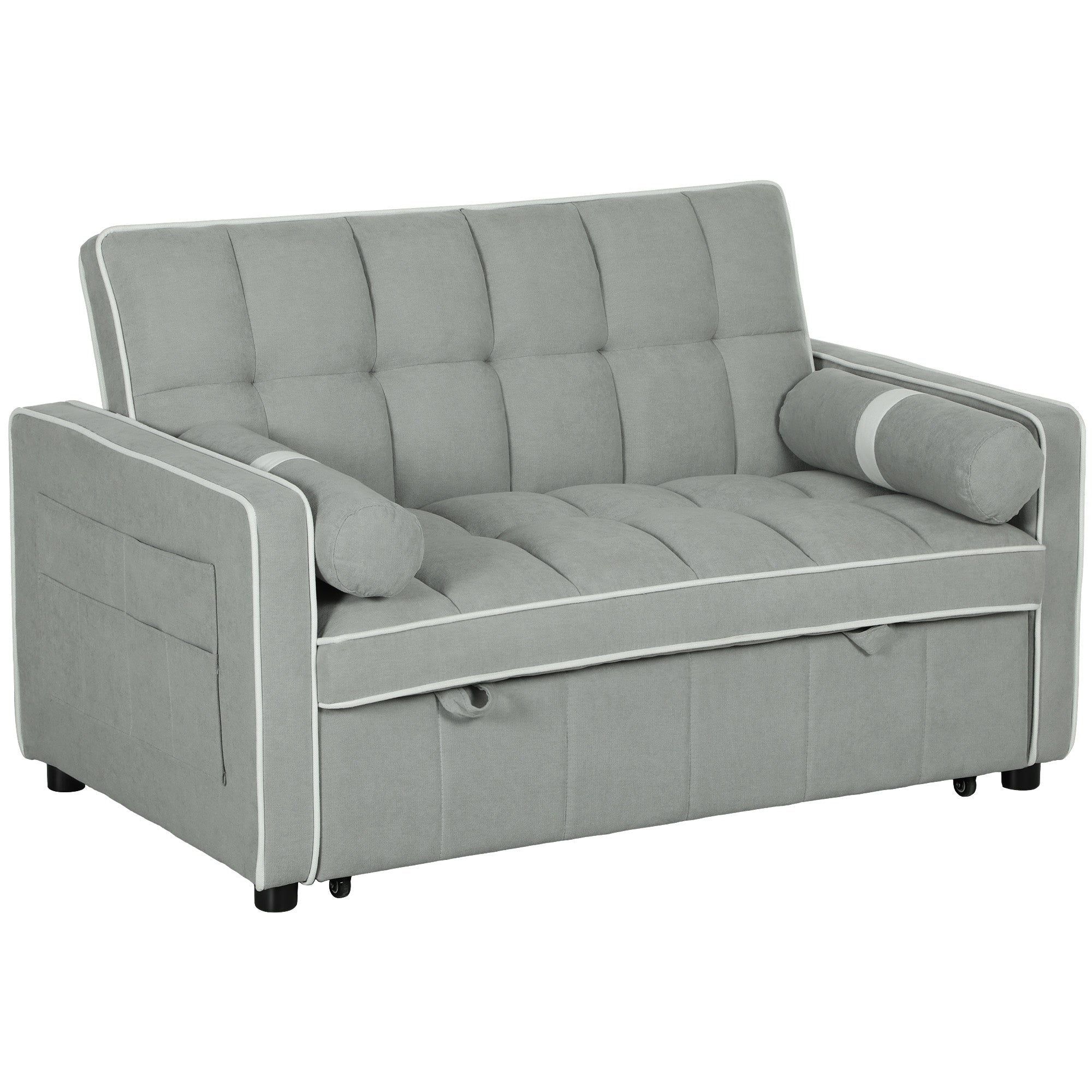 Two-Seater Linen-Look Sofa Bed with Recliner and Storage Pockets - Light Grey