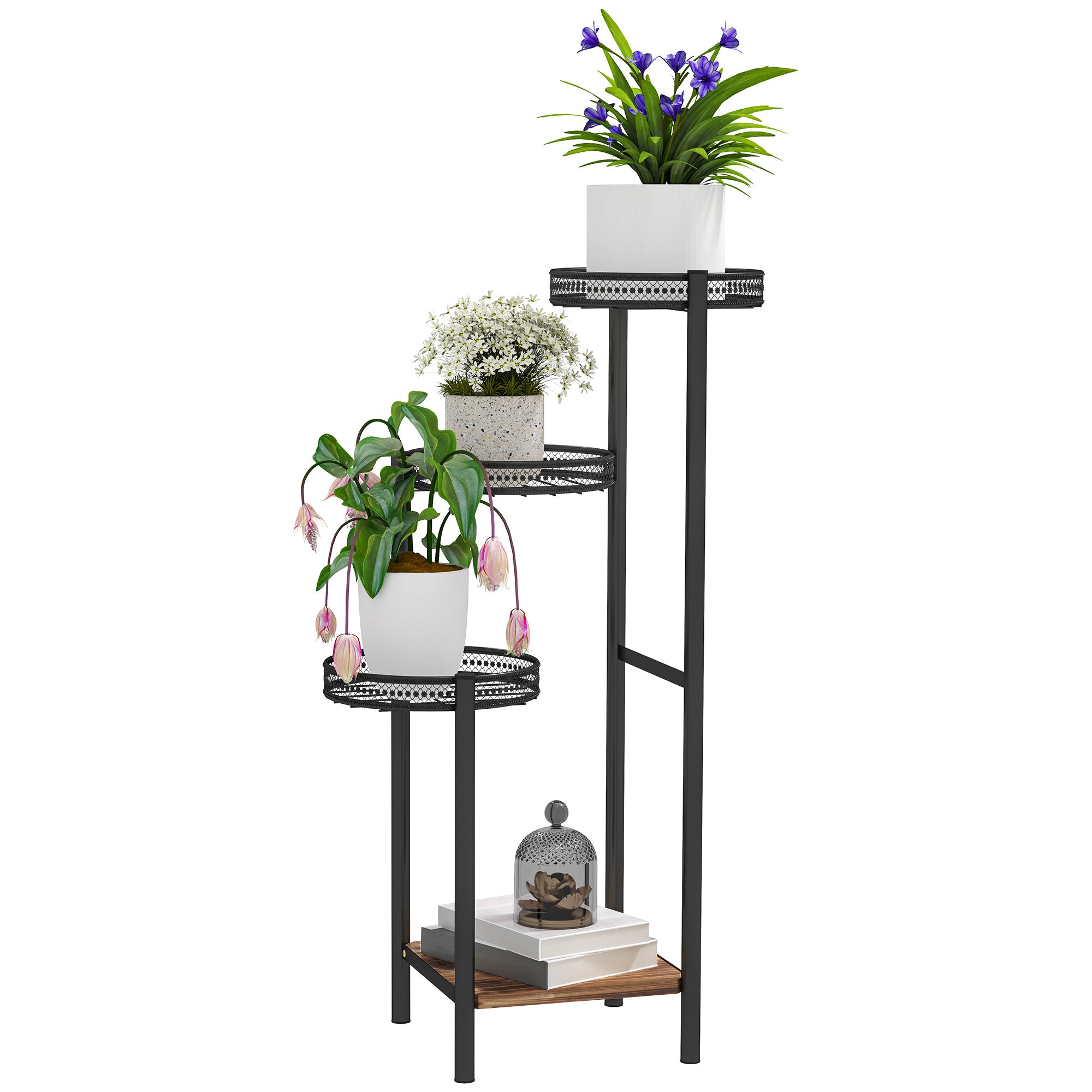 Four-Tier Steel Plant Stand with Planter Trays - Black