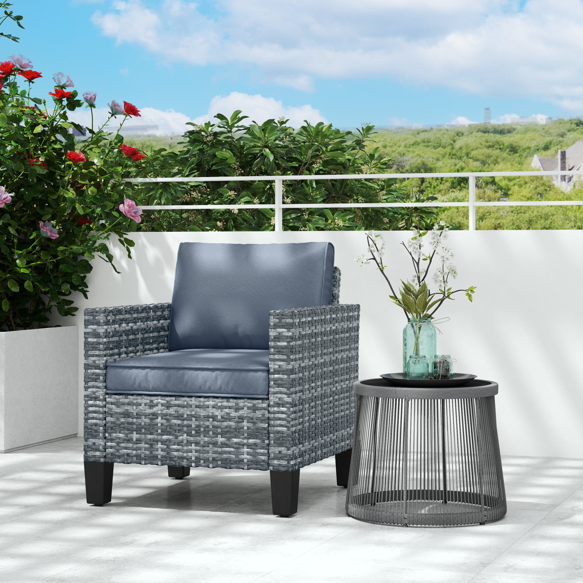 Single Rattan Armchair with Cushions - Light Grey Outdoor Seating