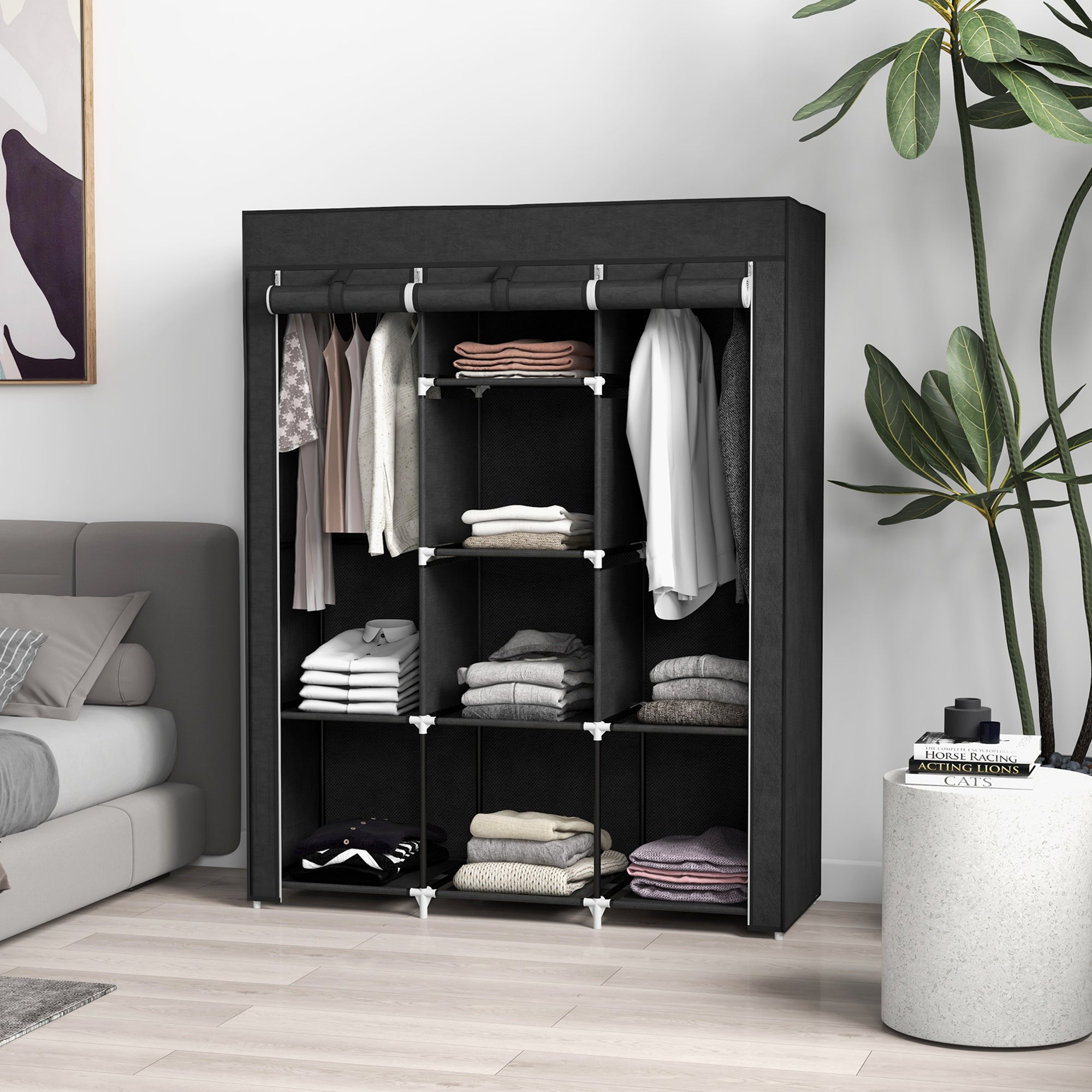 Fabric Wardrobe with Two Rails and Eight Shelves - Black